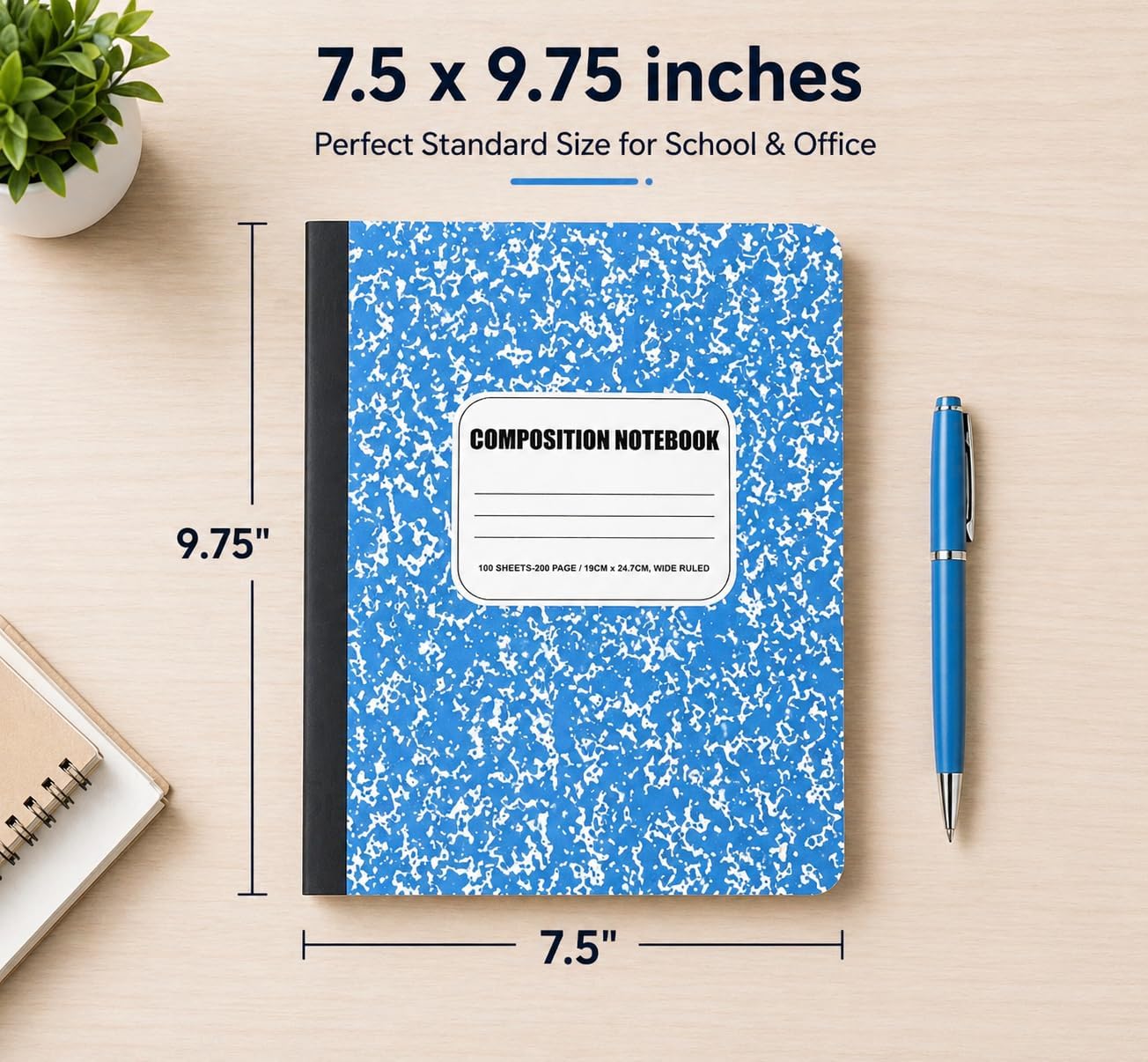 Composition Notebook 12 Pack -Wide Ruled Paper,7.5" x 9.75", 100 Sheets (200 Pages) Each,Hard Cover Marble Notebooks for School, Office, or Home, Assorted Colors, Durable Comp Book Set_Capri Blue