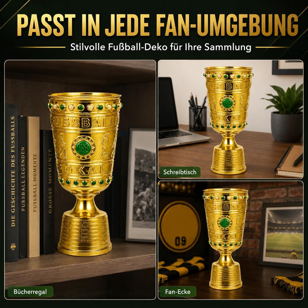 Deutscher Fußball Champion-Pokal Replik, 36 cm aus Harz, Goldfarben | Siegerpokal Sammlerstück für Vitrine,Schreibtisch,Regal und Fanbereich,Ideal als Sportandenken und Geschenk für Fussballfans