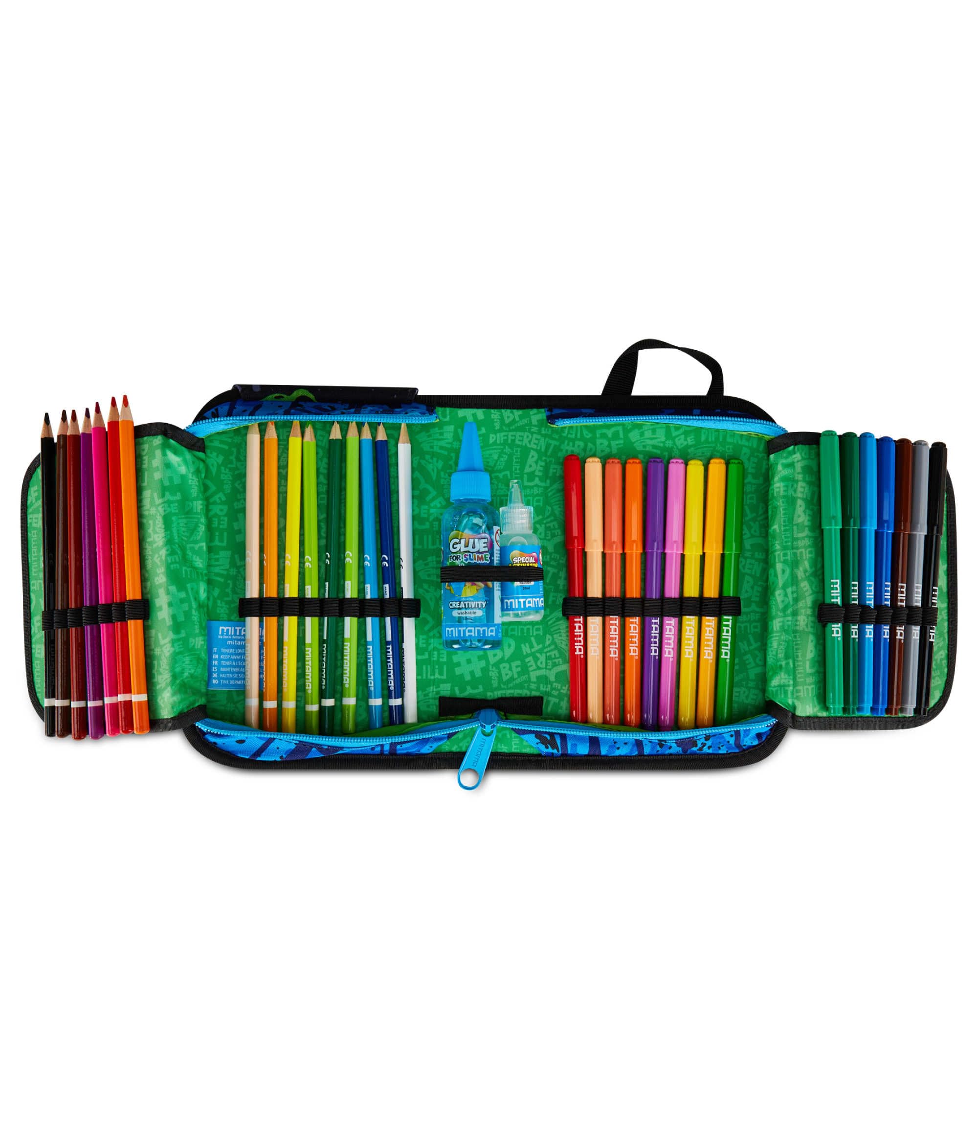 Mitama Astuccio Scuola 4 Zip, Nero, Portapenne Triplo Scomparto Completo Di Penne, Matite, Colori, Accessori Zaino, Scuola Elementare, Bambino
