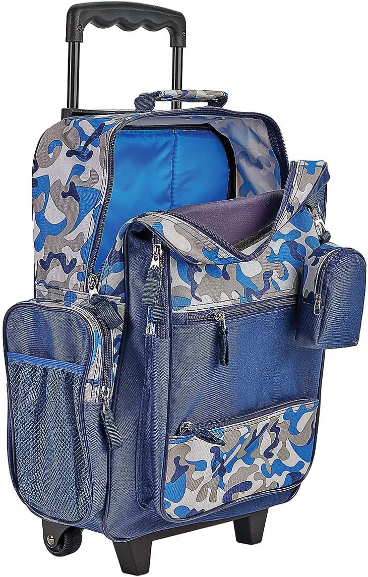 Lillian Vernon Personalized Rolling Luggage for Kids, 5-Pocket Blue Camo Suitcase Set With Clip-On Pouch, Customizable Boys Travel Carrier on Wheels, 5W x 12" L x 20”H