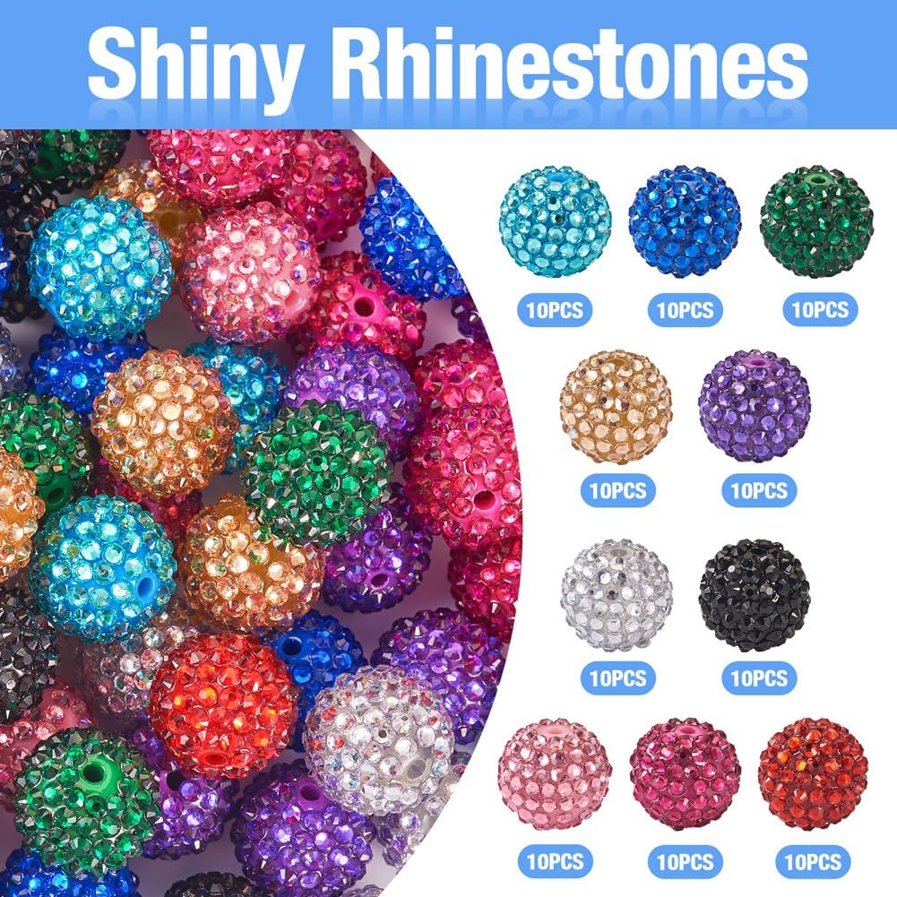 Fashewelry 100pcs 20mm Round Resin Rhinestone Beads Mixed Color Chunky Bubblegum Ball Beads for Beadable Pen Lanyards Keychain Bag Chain Jewelry Making