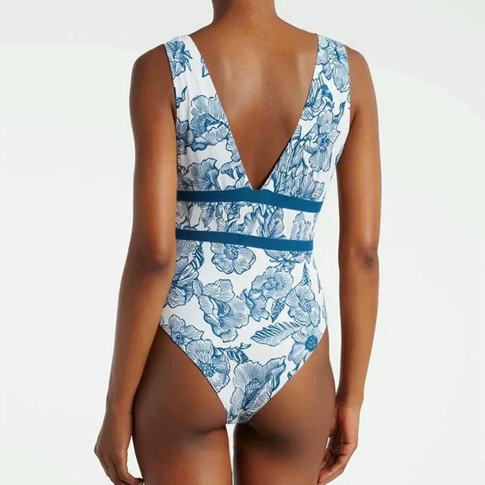 bañador Traje De Baño Blanco Y Azul Floral, Cuello En V Profundo Sin Mangas con Bandas Cintura Contraste, Monokini Adelgazante, S-XL-Swimsuit and Skirt_a-s