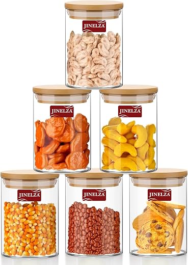 Jinelza Glass Jars Air Tight Canister Borosilicate Kitchen Food Storage Container Set With Natural Bamboo Lids For Candy, ...