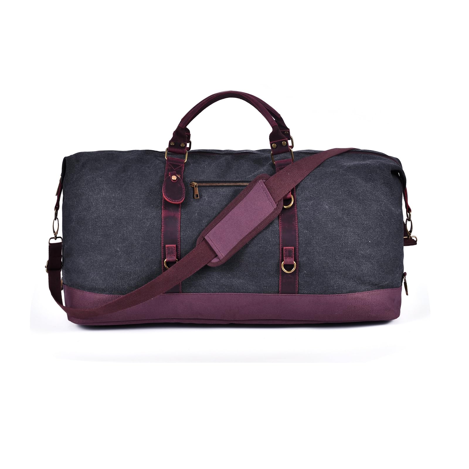 QiXin Dark Gray Canvas & Genuine Leather Duffle Bag for Men, Mens Travel Bag, Vintage Carry On Bag, Luggage Bag with Shoes Bag & Adjustable Strap,