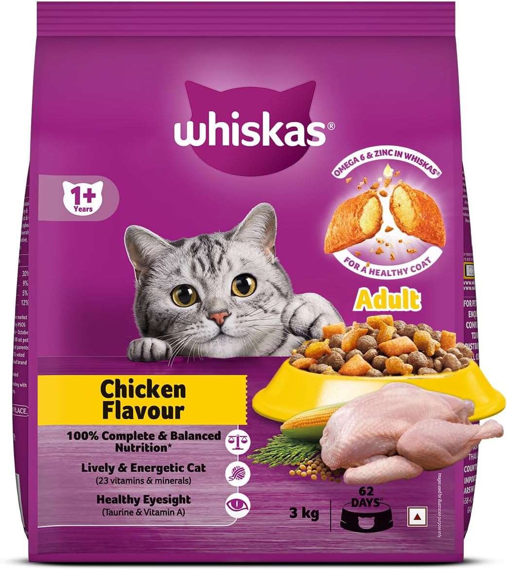 Whiskas Adult (1+ Years) Dry Cat Food, Chicken Flavour, 3 kg, Contains 41 Essential Nutrients, Complete & Balanced Nutrition for Adult Cats