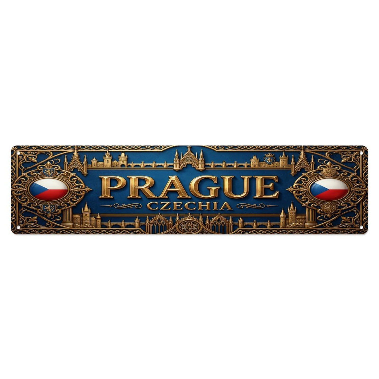 Olhnbad 4X16inch(10X40cm) Vintage Prague Czechia Flag Pattern Metal Tin Sign