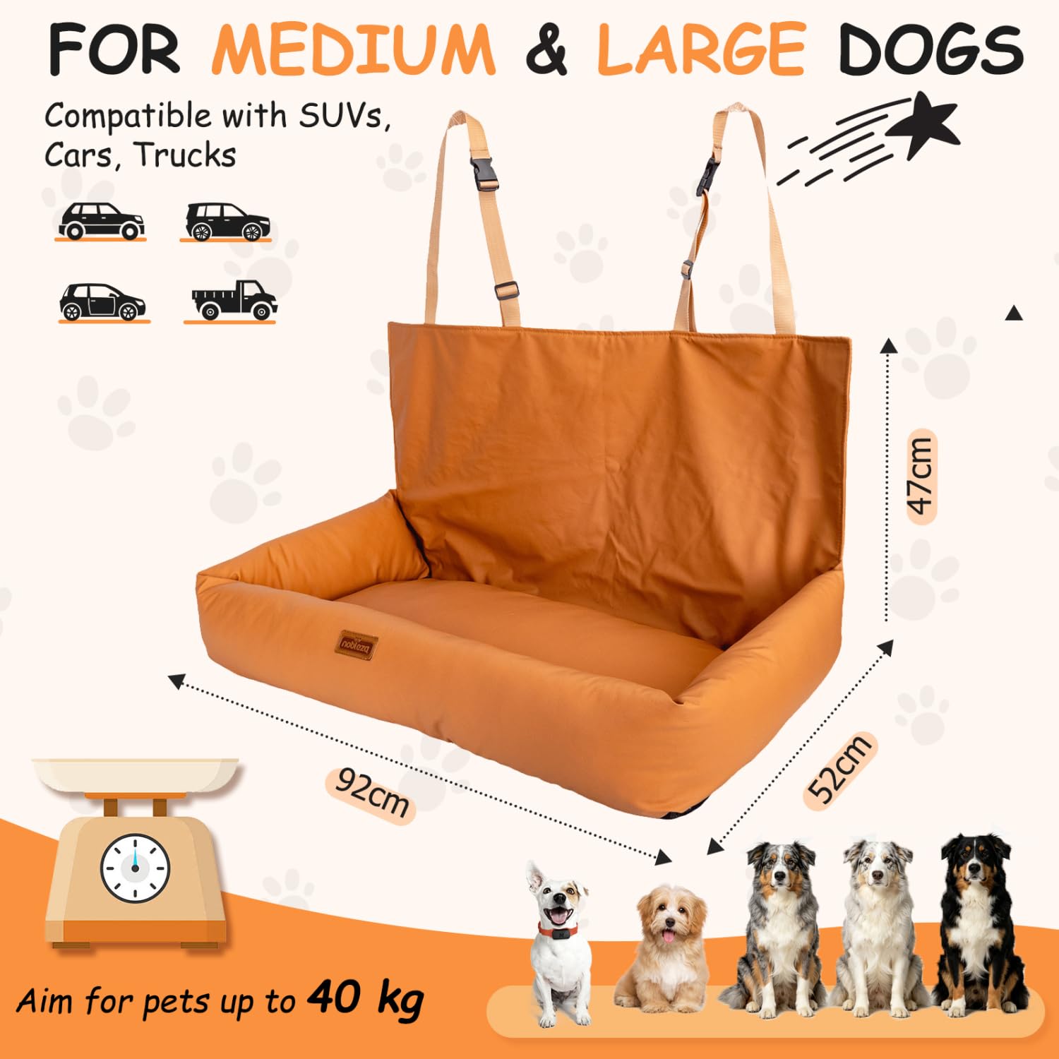 Nobleza Asiento de Coche para Perros Medianos a Grandes, Cinturón de Seguridad Estable, Impermeable, Antideslizante, Adecuado para Perros Medianos y Grandes, L92*W52*H47cm, Color Naranja