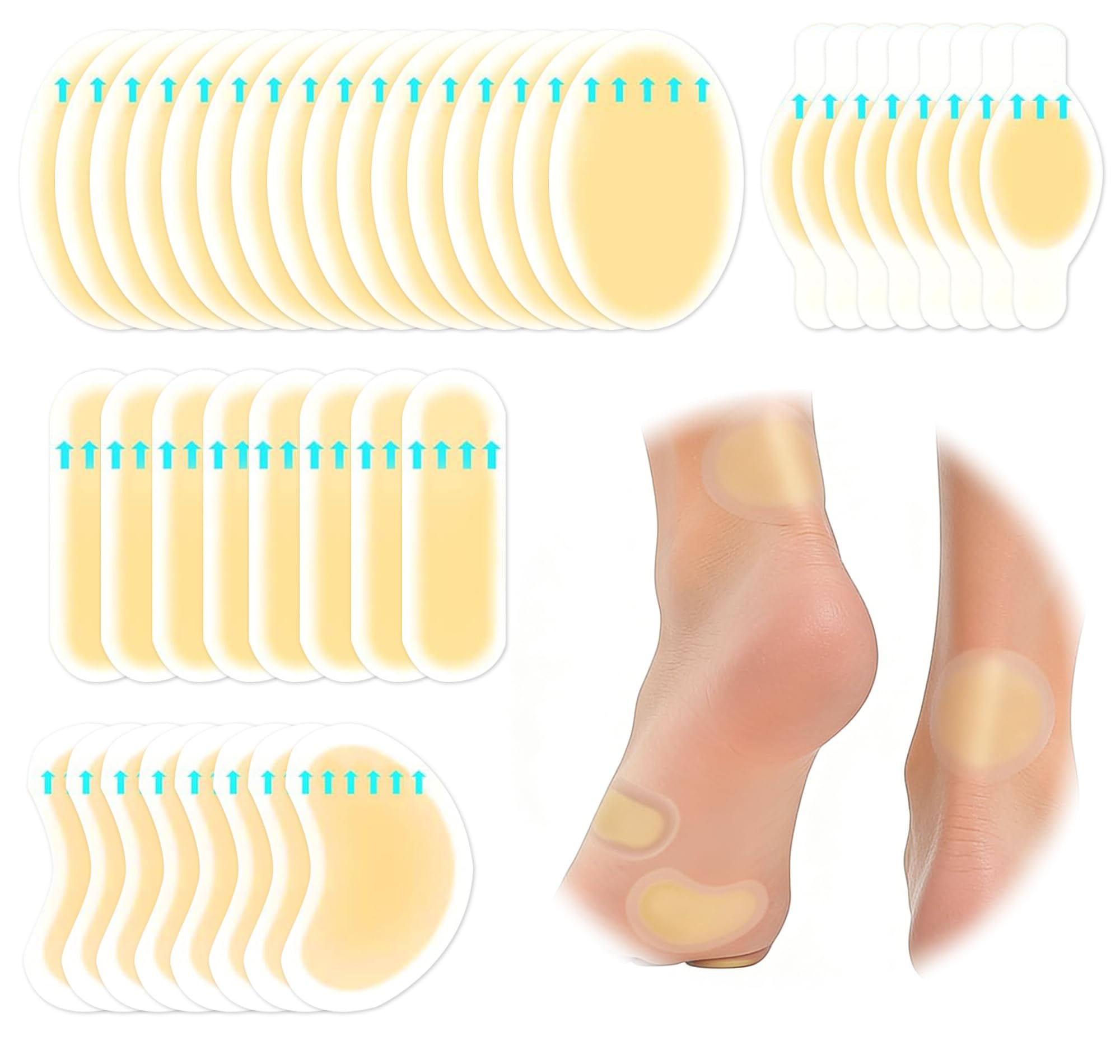 Lot de 40 bandages en gel hydrocolloïde pour pieds, imperméables, autocollants, protection du talon, orteils, oignons, soulagement de la douleur, coussinets d'ampoules longue durée pour la prévention