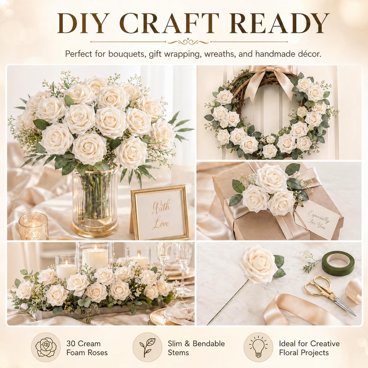 MACTING 60PCS Artificial Rose Flowers Real Touch Fake Flowers with Stem Foam Roses for DIY Weedding Bouquet Table Centerpieces Party Baby Shower Home Mothers Day Decorations,Cream