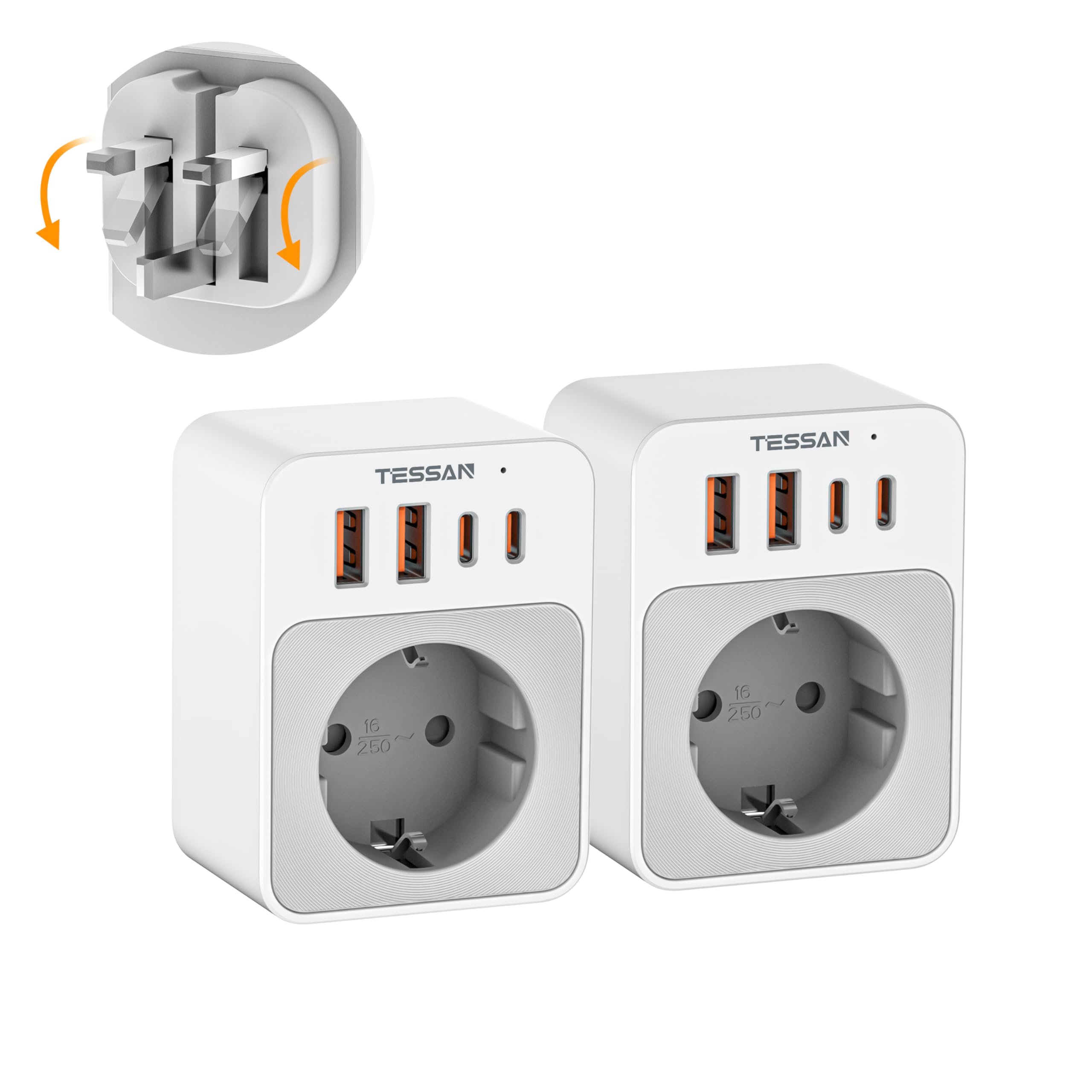 TESSAN 2 Stück Klappbarer Adapter England Deutschland Stecker, 5 in 1 Reiseadapter UK Adapter auf EU, Steckdosenadapter England 2 USB C und 2 USB A, Reisestecker Typ G für London, Schottland, Irland