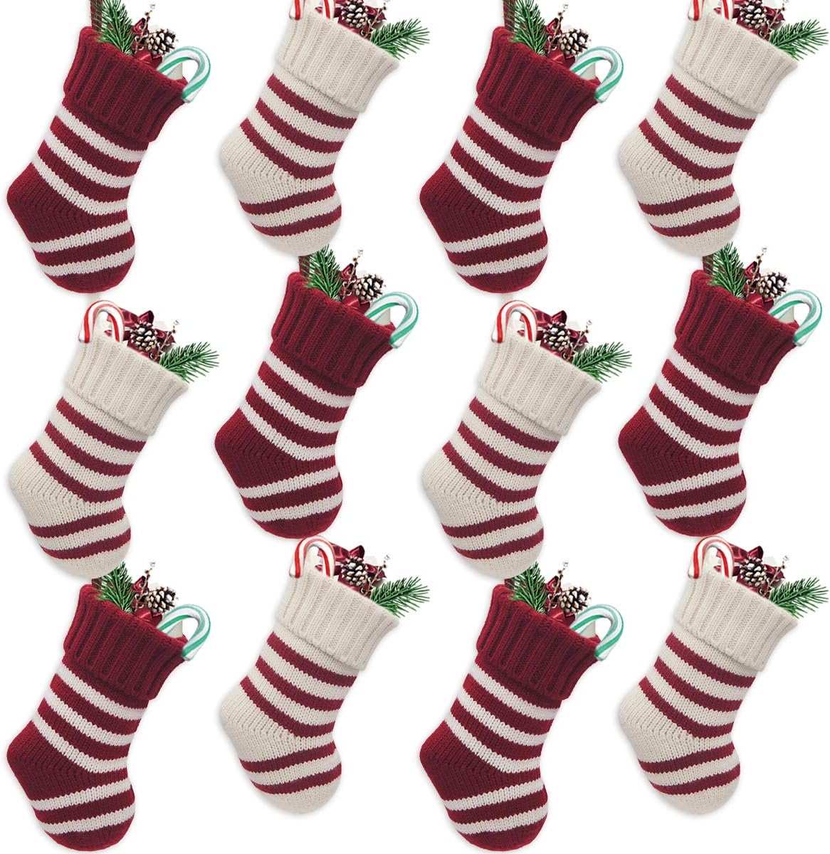 LimBridge Christmas Mini Stockings, 12 Pack 9 inches Knit Knitted Stripe Rustic Holiday Decorations, Goodie Bags for Family Friends, Cream Burgundy