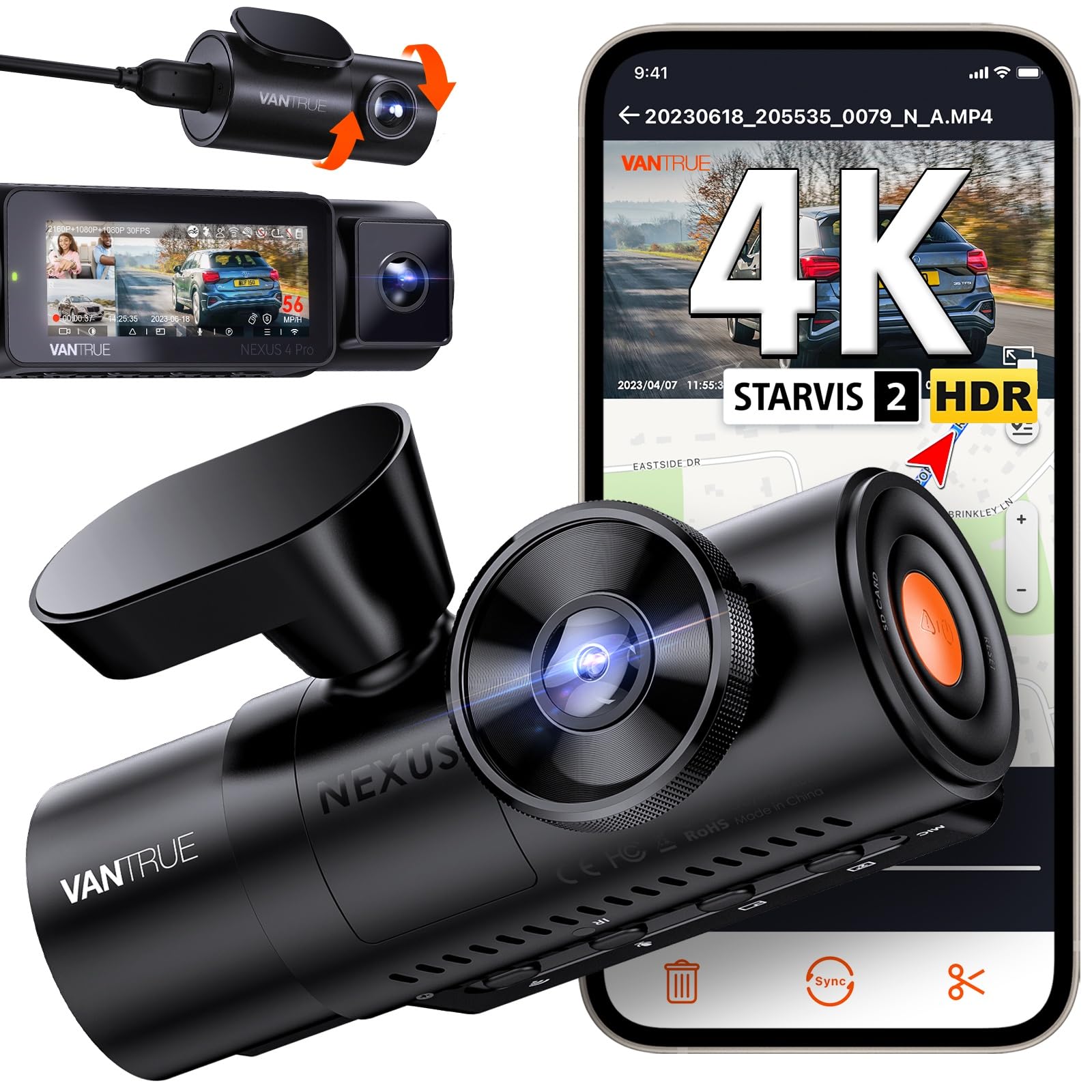 Vantrue N4 Pro 3 Channel 4K WiFi Dash Cam, STARVIS 2 IMX678 x PlatePix™ x HDR Night Vision, 4K+1080P+1080P Front Inside and Rear Car Camera, Voice Control, GPS, 24H Parking Mode, Support 512GB Max