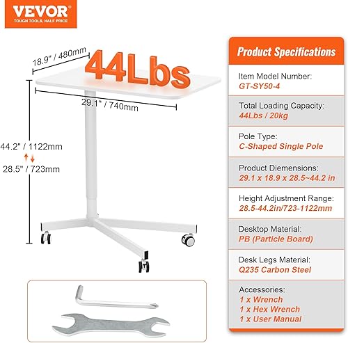 Miniatura 8 de VEVOR Escritorio de pie móvil, escritorio de pie ajustable de 28.5 a 44.2 pulgadas, ruedas giratorias de 360 (2 con bloqueo), mesa portátil rodante