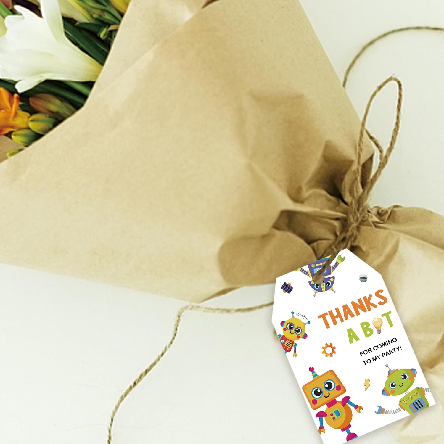 50pcs Robot Thank You Tags, Thanks A Bot Gift Tag with String for Boy Birthday Party, Robot Gears Thank You Paper Tags for Robot Birthday Party Favors image 5