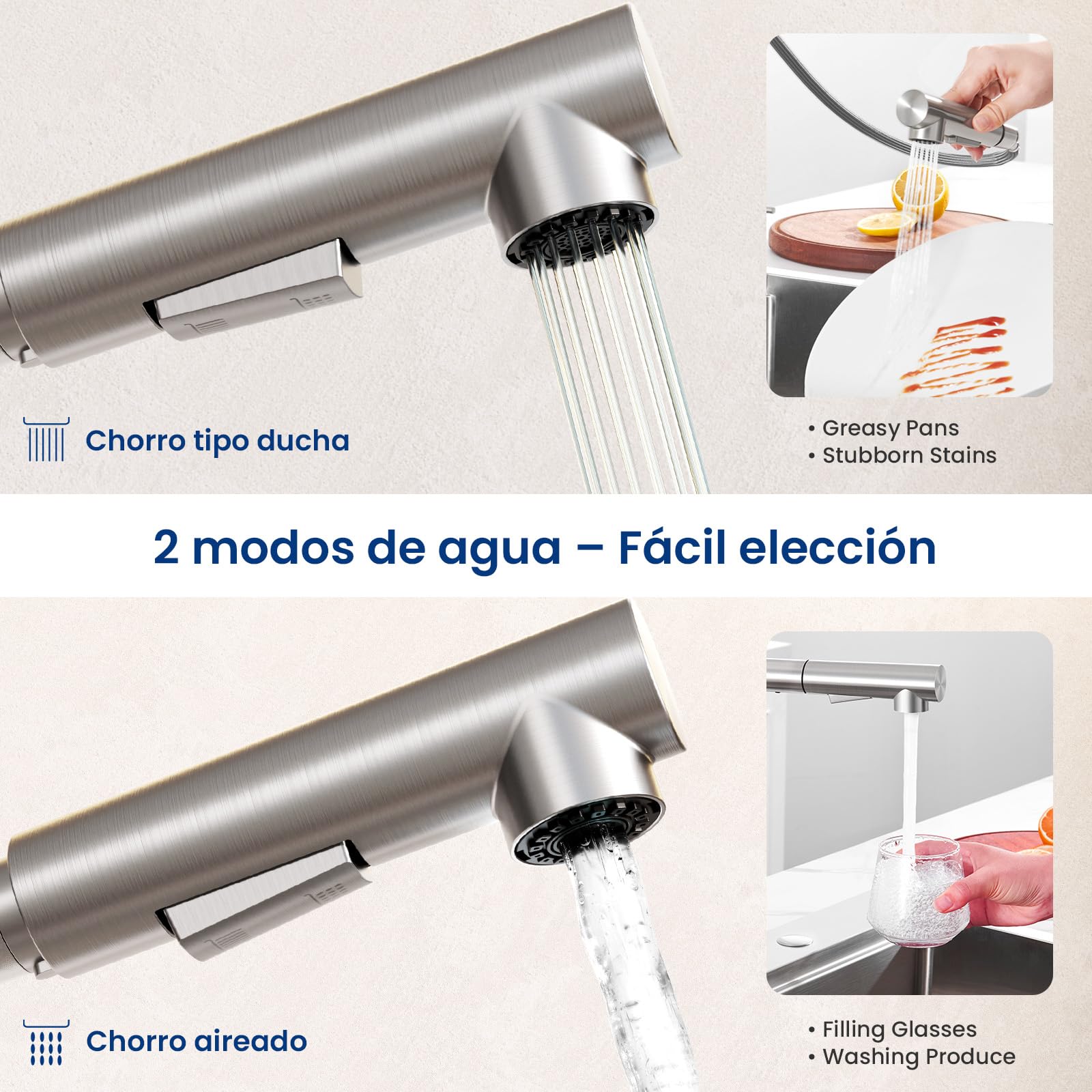 CECIPA Grifo Cocina Extraíble, Grifo Fregadero Acero Inoxidable, Grifo de Cocina Extensible, Grifo Monomando Cocina con Doble Chorro, Torneira Cozinha 360° Giratorio, Griferia Cocina Moderno