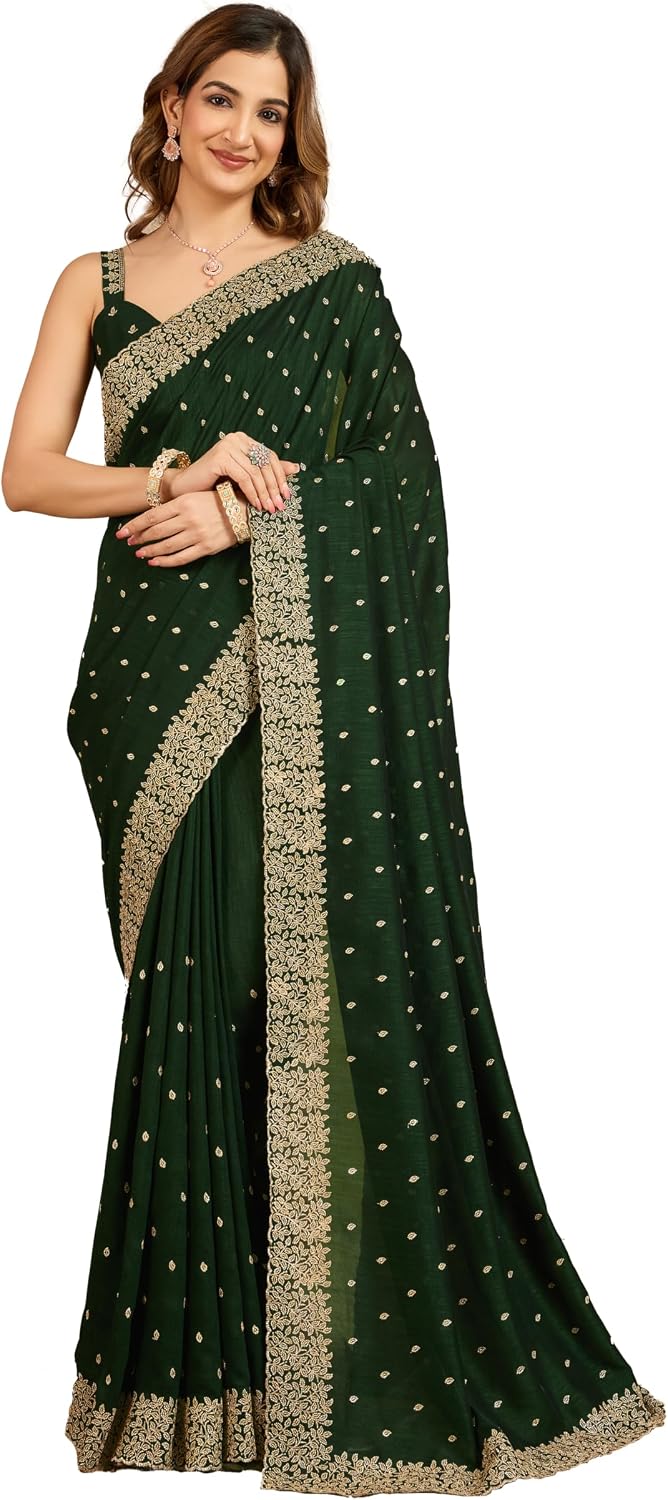 TRENDMALLS Women's Art Silk Embroidery work Saree with Unstitched Blouse Piece (K1216-DarkGreen)