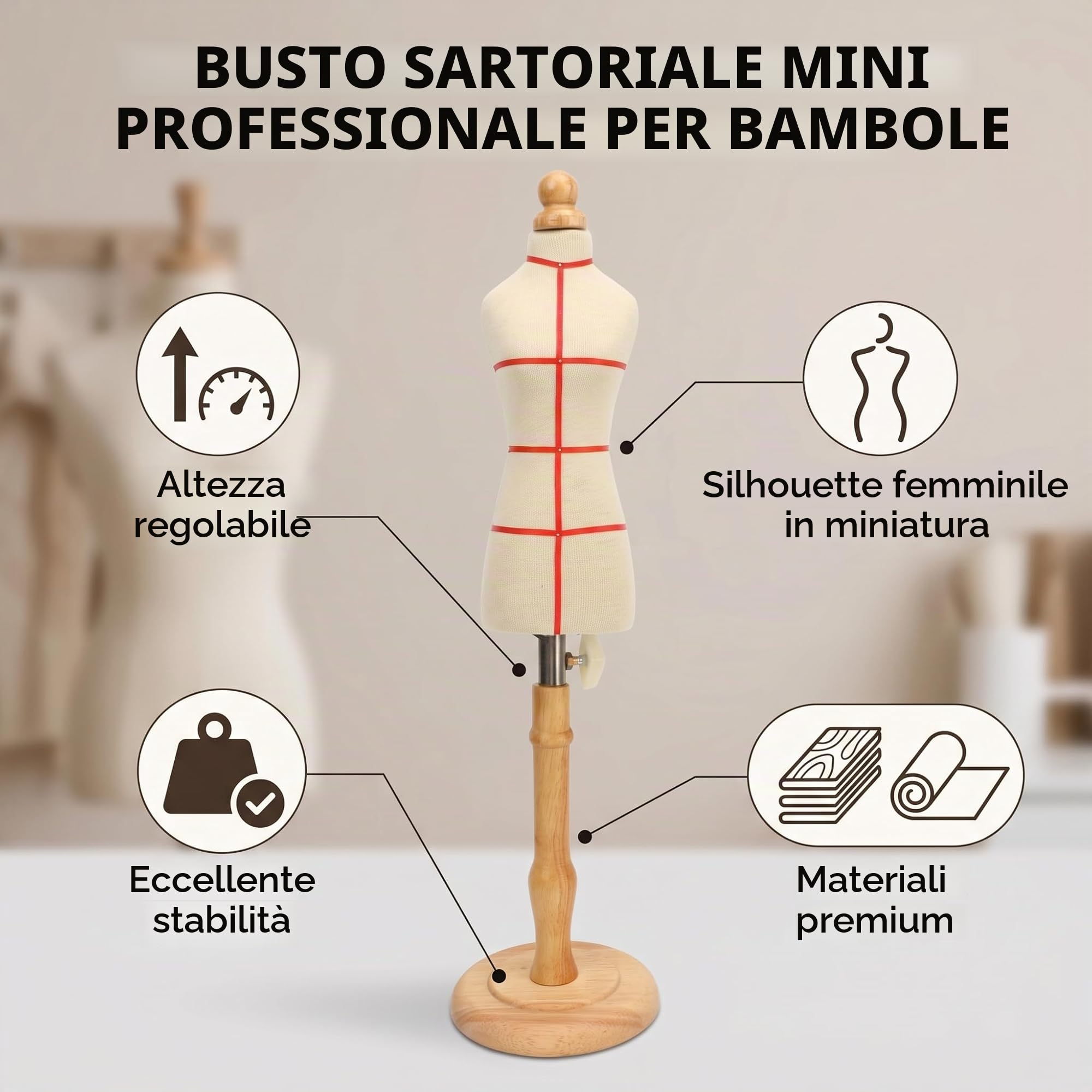 Torso di Manichino da , Manichino da Sarta Regolabile in Altezza con Braccia in Legno e Supporto per Cucire, Esposizione (Tipo 2)
