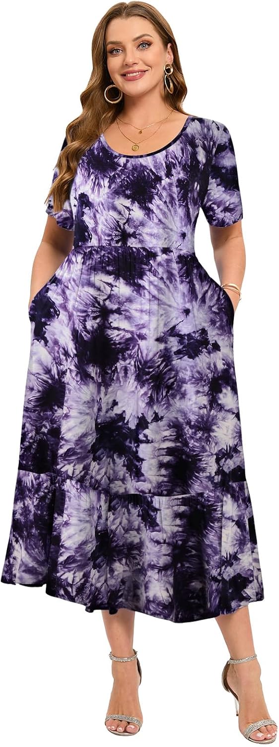 LARACE Plus Size Dresses for Women Summer Casual Short Sleeve Long Dress Flowy Maxi Beach Dresses with Pockets L-6XL - Image 2