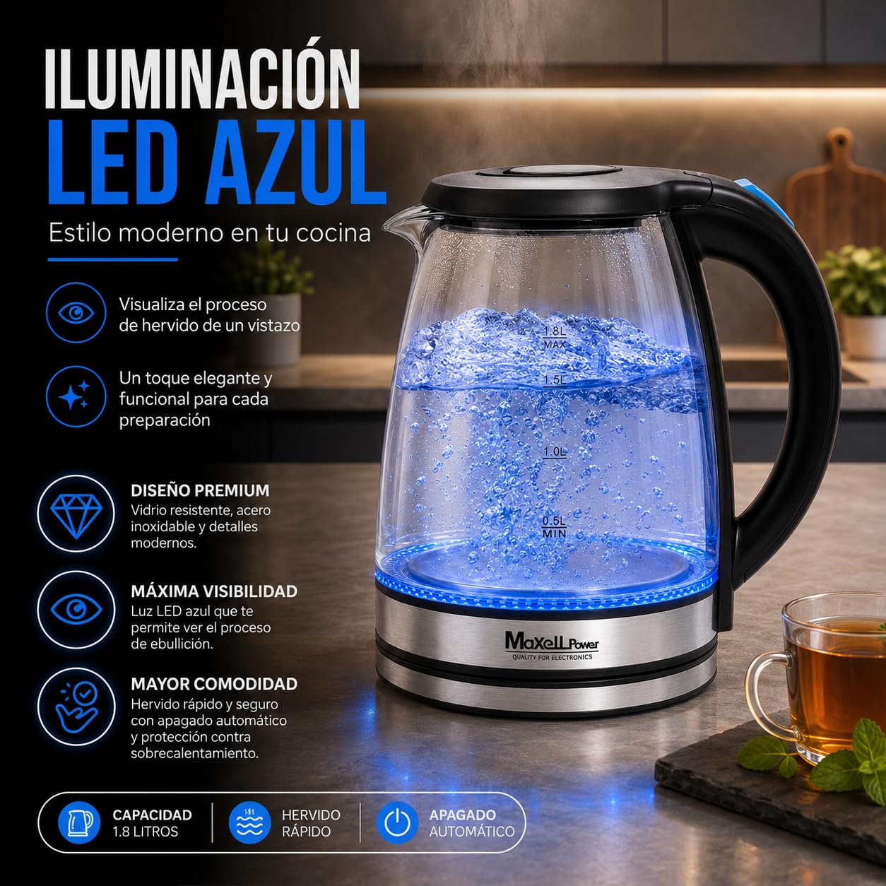 MAXELLPOWER HERVIDOR DE AGUA HERVIDORA ELECTRICA CAPACIDAD VIDRIO CRISTAL TEMPLADO 1500W LED FUNCIONAMIENTO APAGADO AUTOMATICO ACERO INOXIDABLE RESISTENCIA OCULTA DISPONIBLE 2 TAMAÑOS (1,8L)