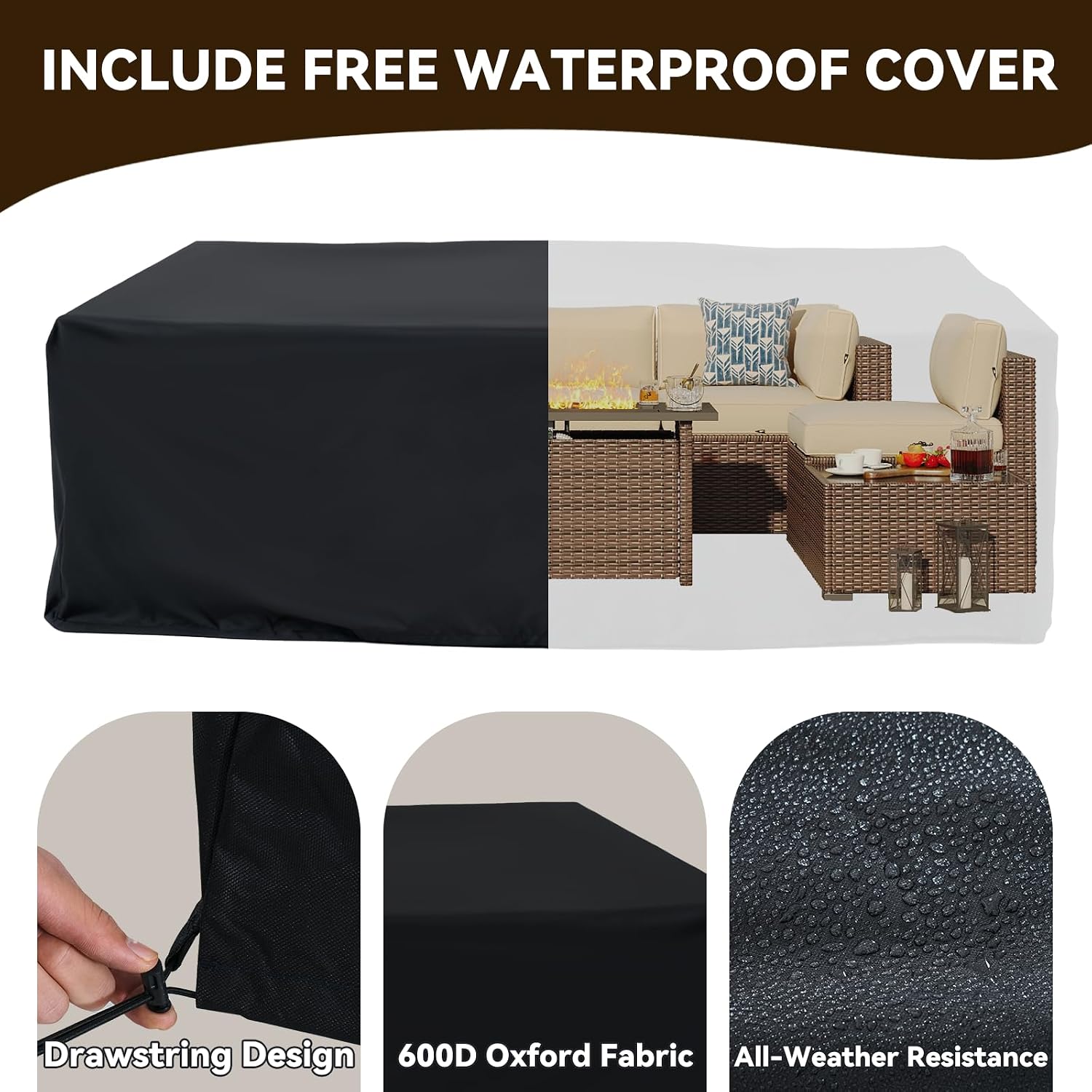 Image showing the included waterproof cover for the patio furniture set, highlighting its drawstring design, 600D Oxford fabric, and all-weather resistance.
