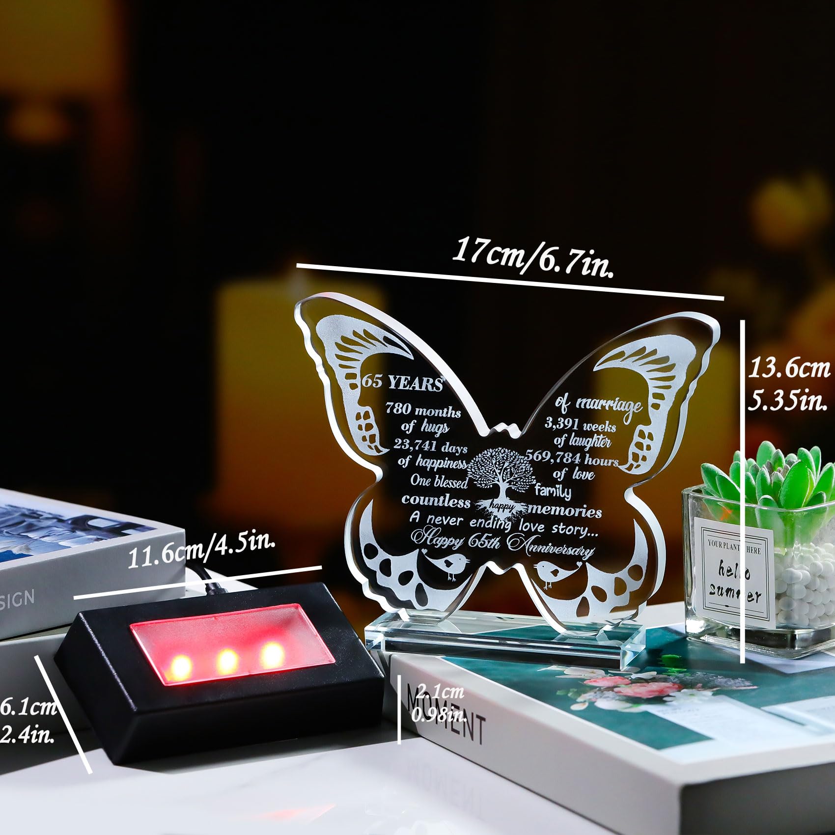 Ornalrist 65th Wedding Anniversary Romantic Gifts for Couples Wife 13.6cm Glass Butterfly-shaped 65 Years of Marriage Keepsake with LED Base Ideas Presents for Parents Friends - Image 2