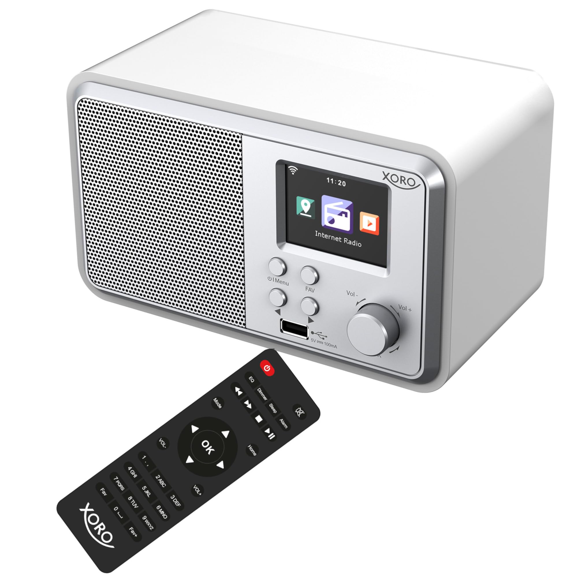 Cyfrowe radio internetowe Wi-Fi XORO DAB 300 IR z kolorowym wyświetlaczem 2,4", podcast, Bluetooth 5.2, FM/DAB+, budzik, białe