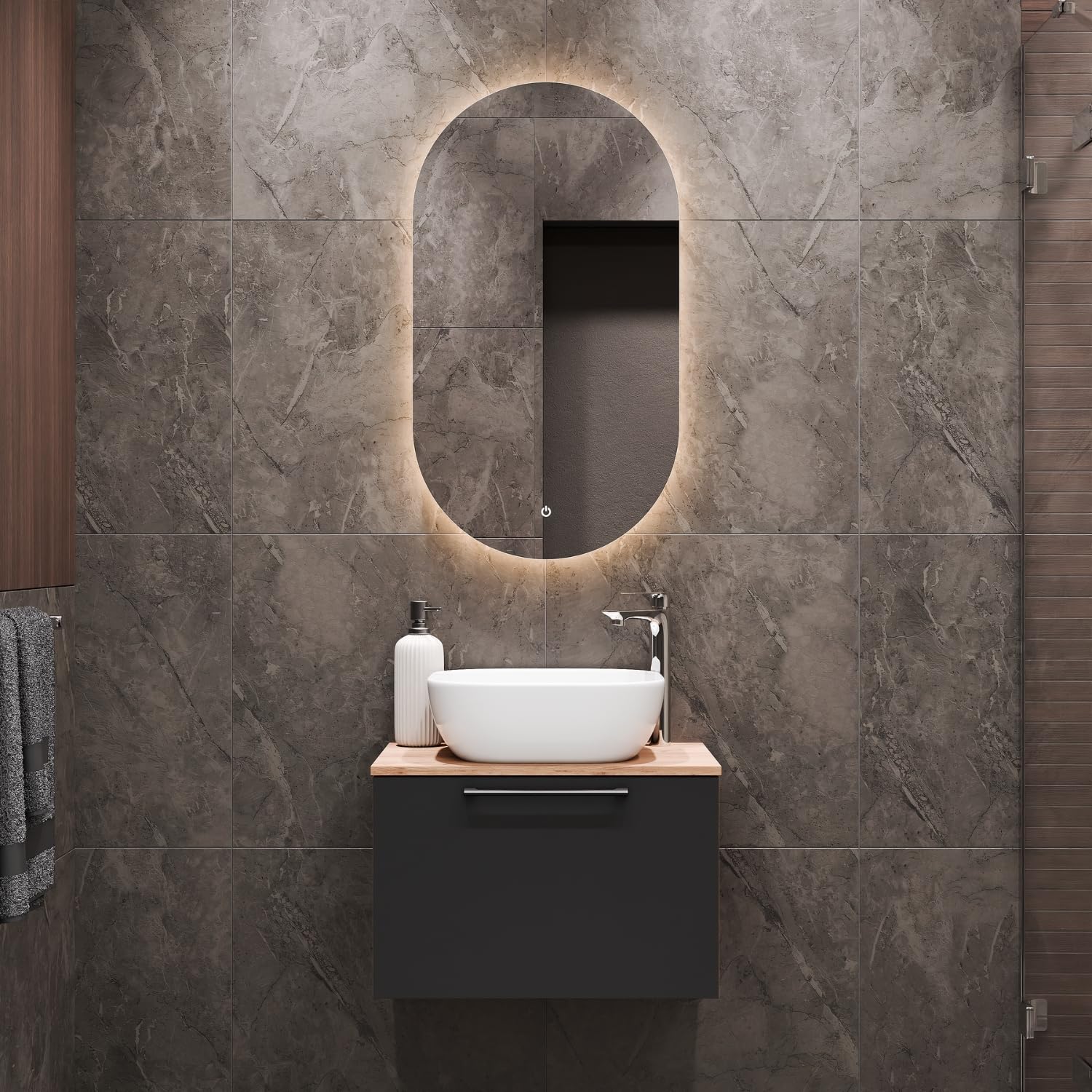 Planetmöbel Astra Set mobili bagno con mobile sottolavabo 60 cm, rovere dorato antracite, senza lavabo da appoggio