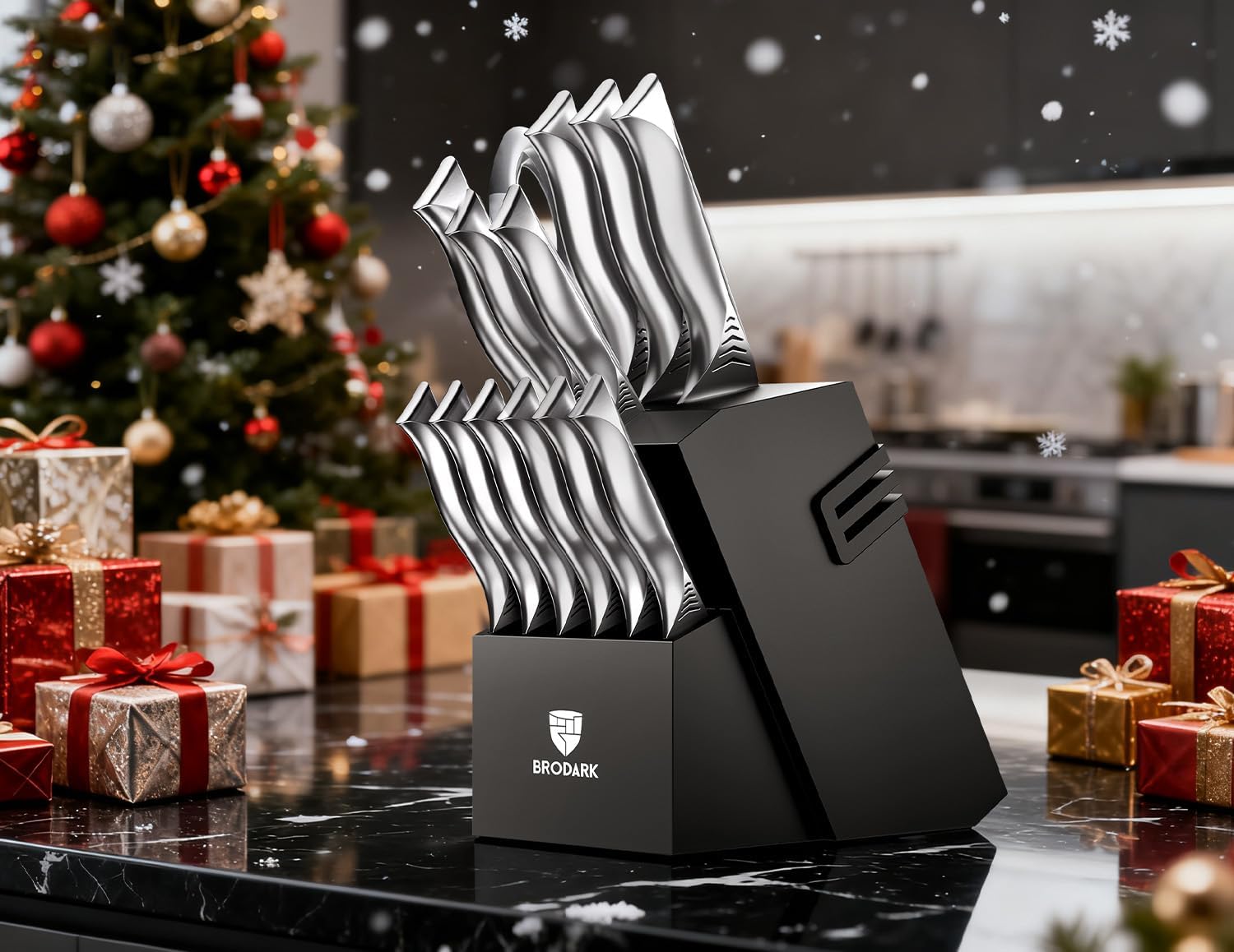 BRODARK Kitchen Knife Set with Block - 15-Piece Knife Block Set with Built-in Sharpener - High Carbon Stainless Steel Kitchen Knives Set for Kitchen - Christmas Gift, Shark Series - Image 9