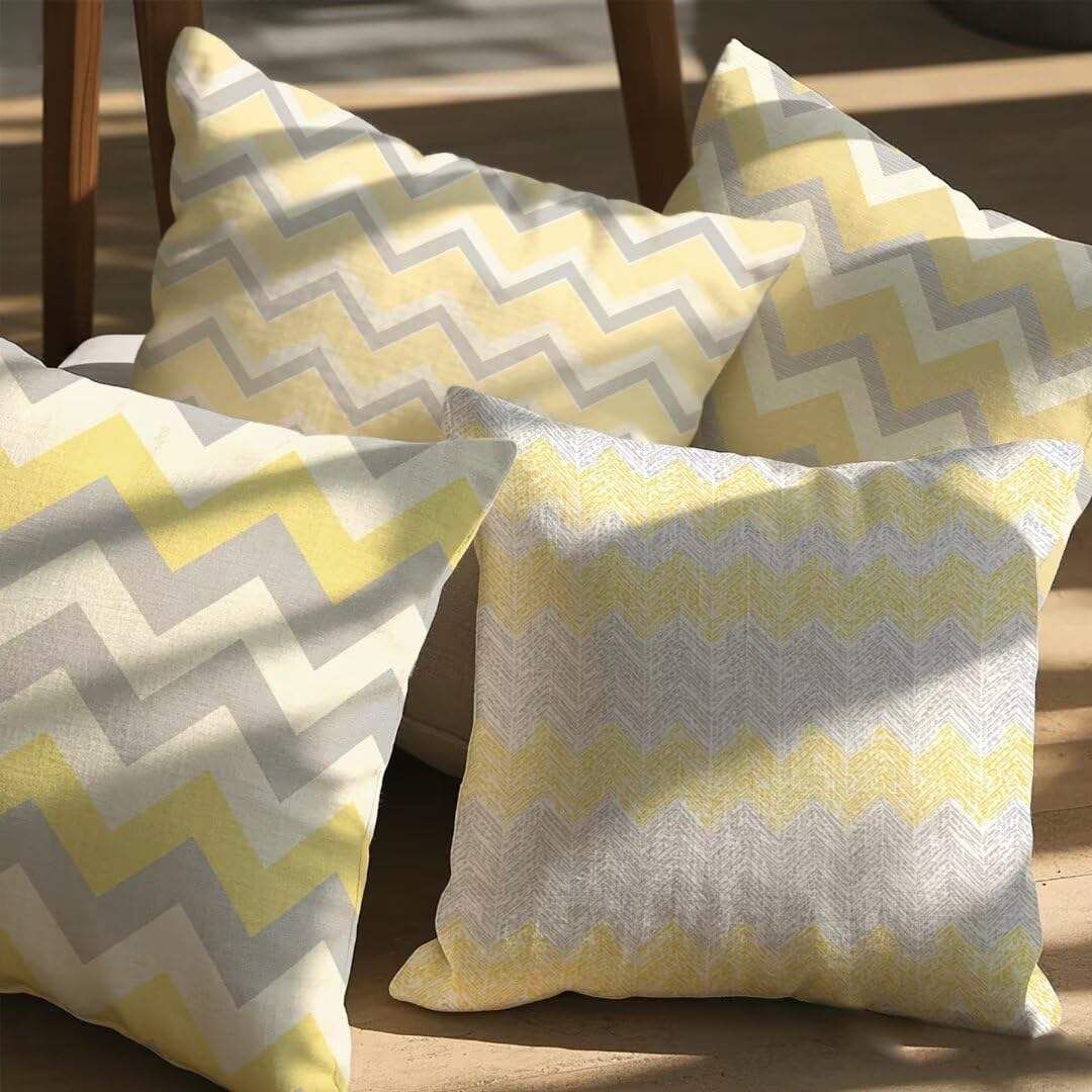 Lot de 4 Housse de Coussin 45x45cm,Housse de Canapé Jaune Motif Décoratif Imperméable Lin Taie d'oreiller avec Fermeture Éclair Invisible,Salon Chambre à Coucher Décoration de Maison,Géométrie Ym255