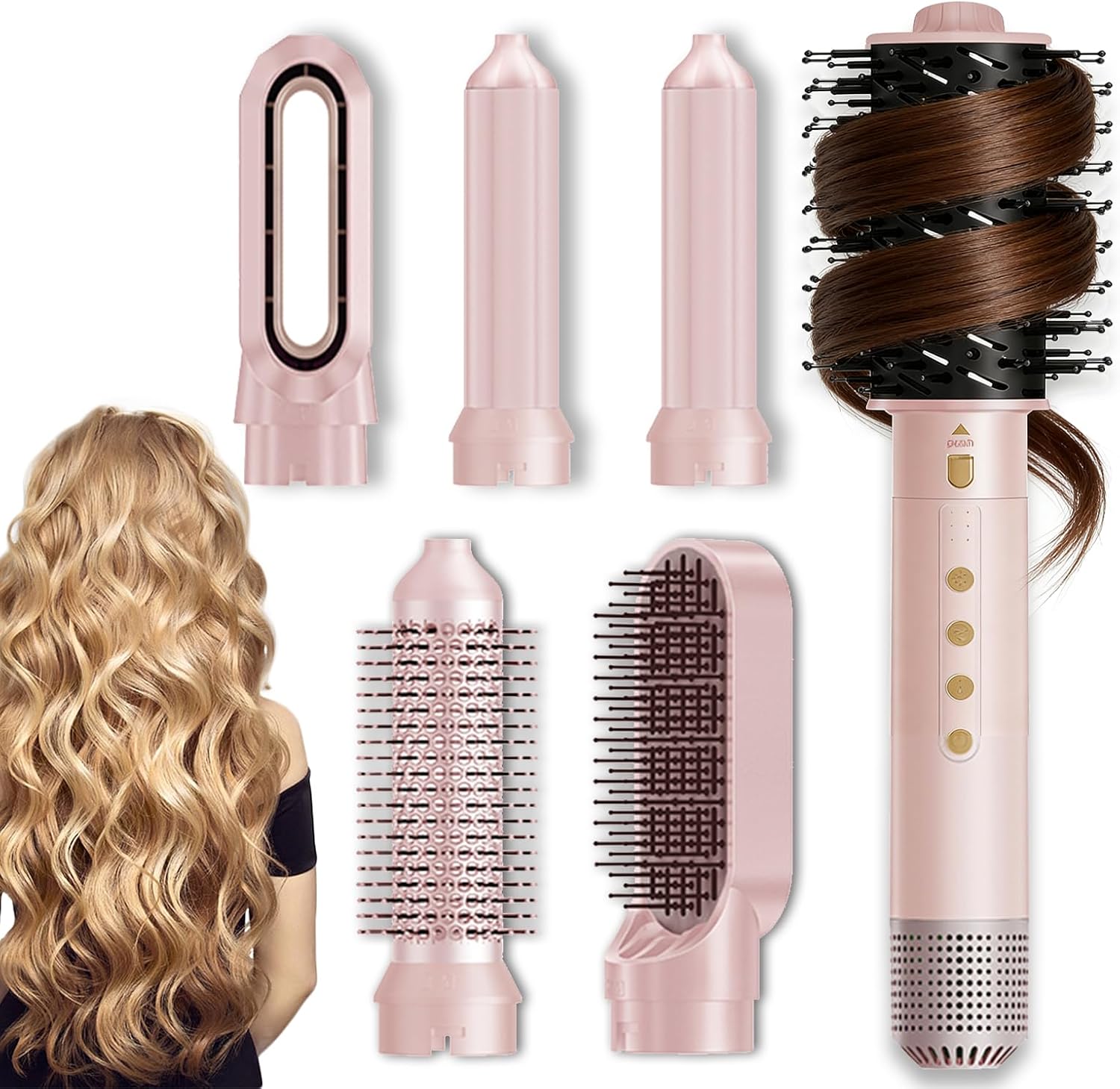 6-in-1 Hot-Air Hair Brushes & Blowout Brush Hair Dryer - 110,000 RPM Blow Dryer Brush - Blowdryers Brush for Hair - Fast Drying Curling Straightening Volumizing Without Heat Damage（Pink）
