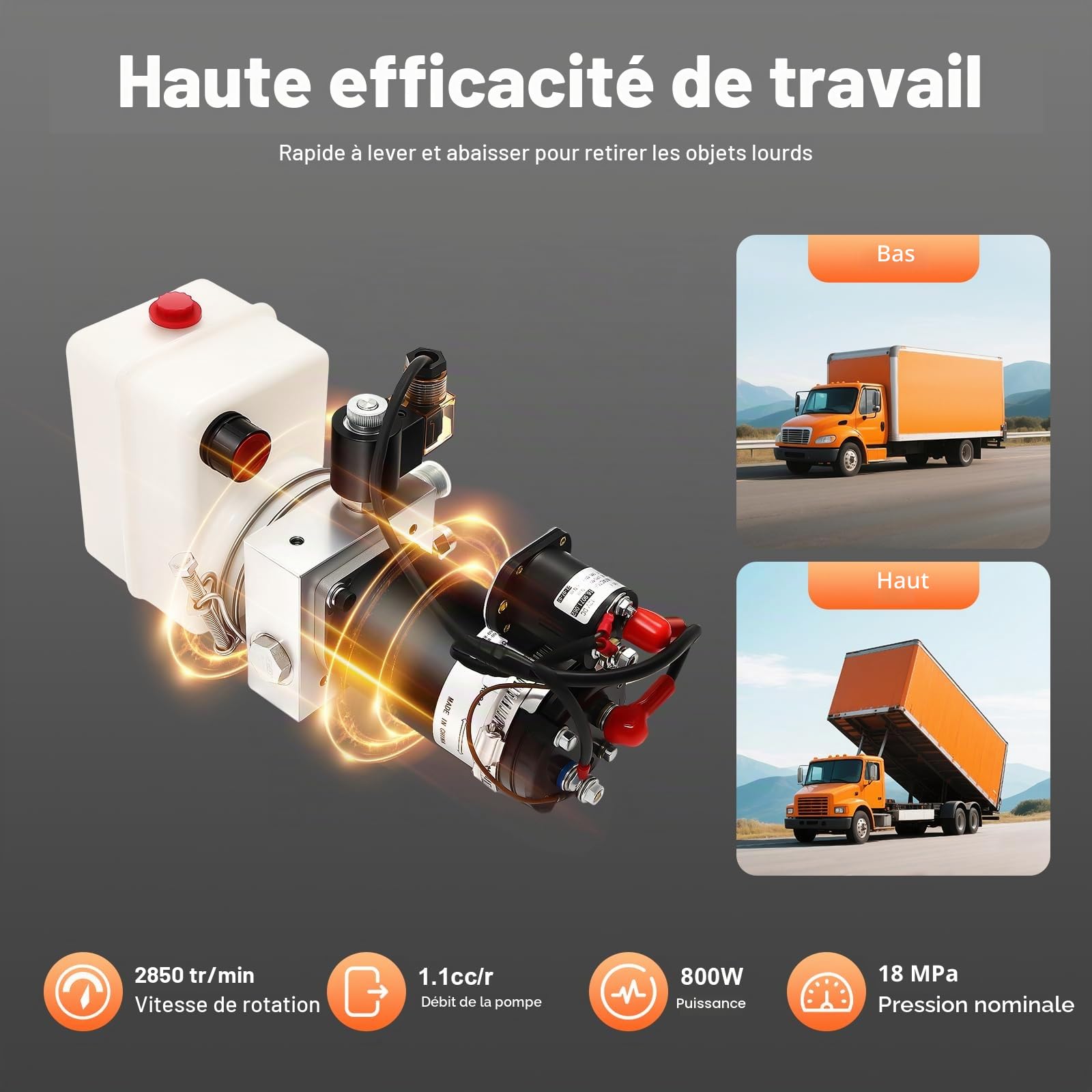 Pompe Hydraulique 12V, Groupe Hydraulique 800W Simple Effet, Unité Puissance Électrique avec Télécommande 4,5m pour Remorque Benne Basculante, Moteur Cuivre 2850tr/min, 18Mpa, 1.5L