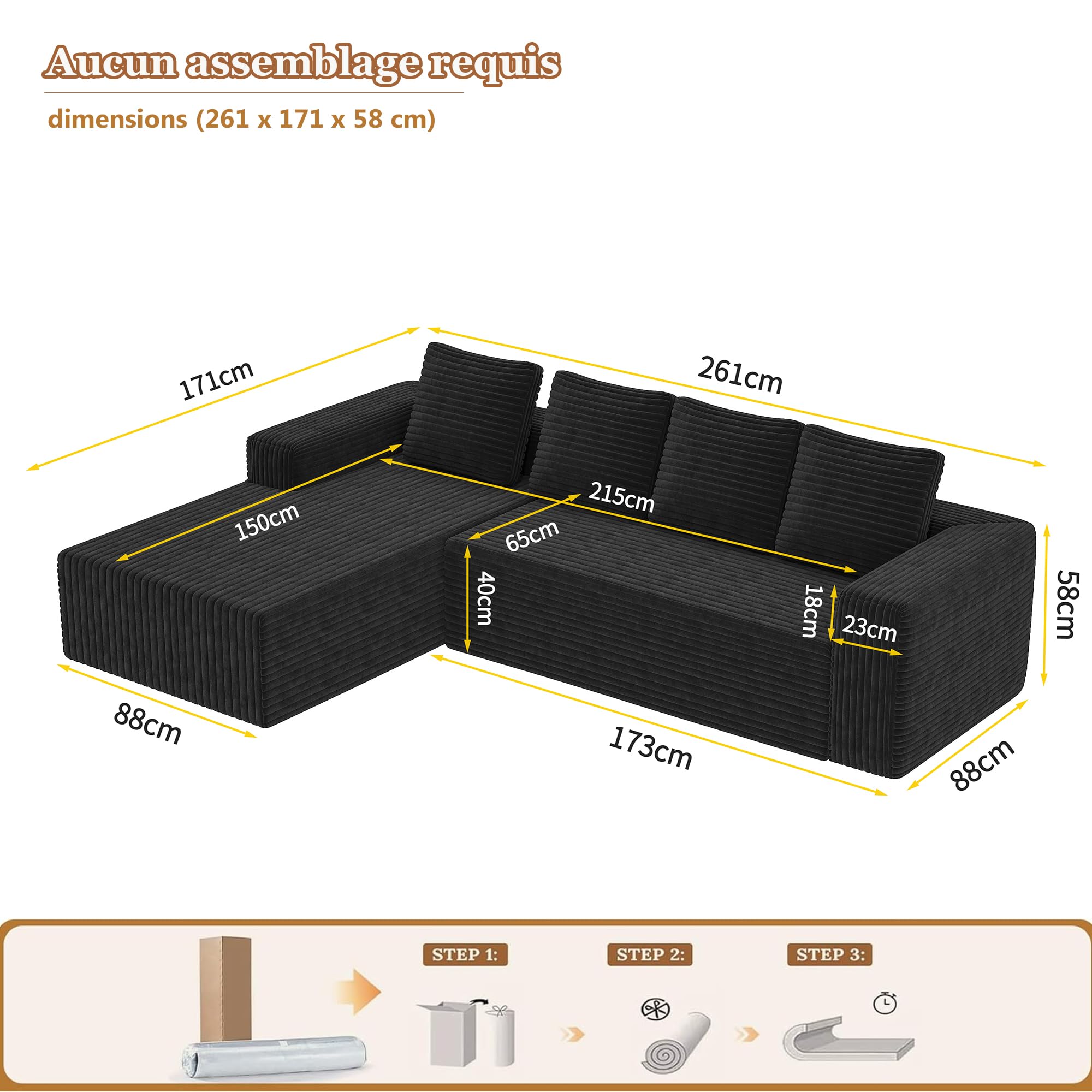 Canapé d'angle, Canapé 4 Places avec Méridienne et 4 Coussins, Canapé Compressé en L avec Méridienne, Canapé Cloud en Velours côtelé, pour Salon et Appartement