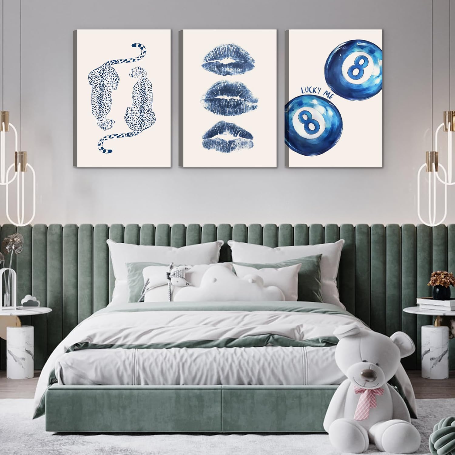 Preppy Blue Cheetah Canvas Wall Art Navy Retro 8 Ball Aesthetic Artwork with Kiss Lips Trendy Leopard Modern Poster Prints for Bedroom Living Room Apartment Decor Ready to Hang (16x24in canvas)