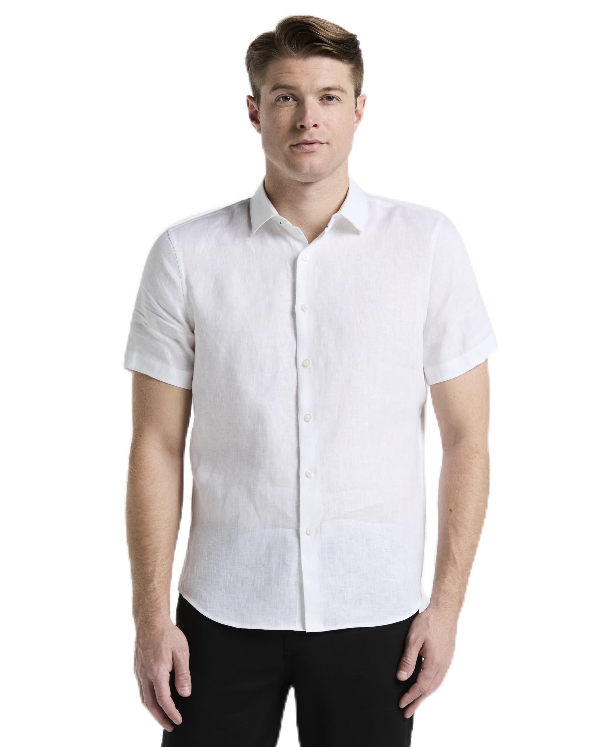 Perry Ellis Solid Linen Short Sleeve Button-Down Shirt Camisa de Manga Corta con Botones de Lino Liso Hombre (Pack de 1)