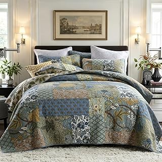 Cotton Bedspread Quilt Bedding Sets 3 Pieces Reversible Soft Coverlet Sets Comforters Rustic Paisley Floral Patchwork Sage Green Bedspread, Queen Size | Real patchwork