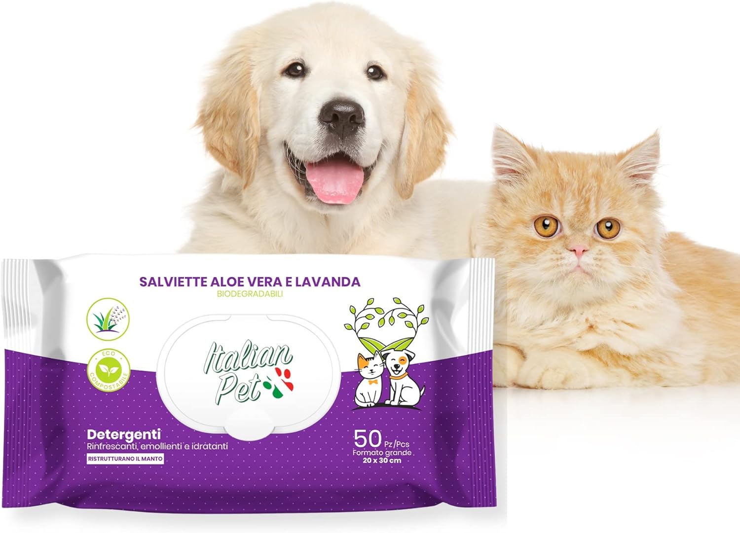 Salviette Biodegradabili Aloe Vera e Lavanda – Salviette Detergenti Umidificate per Zampe, Muso e Pelo di Cani, Gatti, Conigli, Animali Domestici – 50 Salviette Biologiche Usa e Getta – 20 x 30 cm