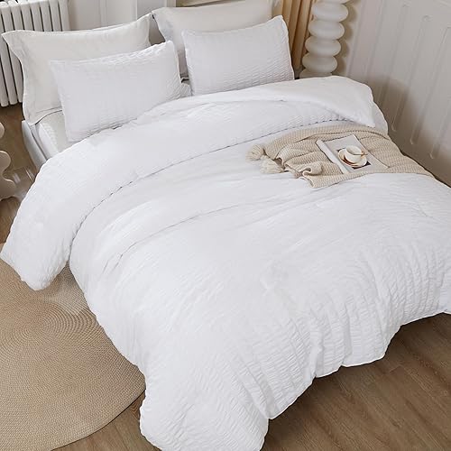 Miniatura 5 de Litanika Juego de edredón blanco tamaño King, juego de edredón ligero de sirsaca de 3 piezas, juego de cama suave como regalo (edredón de 104 x 90