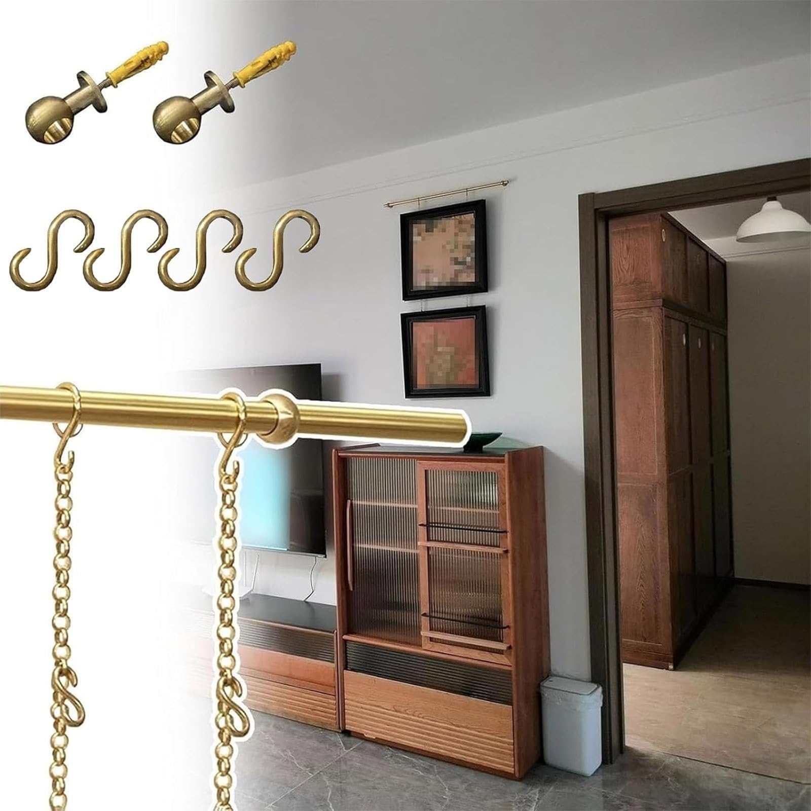 Xxbbyubo Gold Brass Gallery Rail Picture Hanging System for Art and Photos, Display Rod Picture Rail Kit with Chain Hooks, for Living Room, Art Museum and Gallery(70cm Rod)