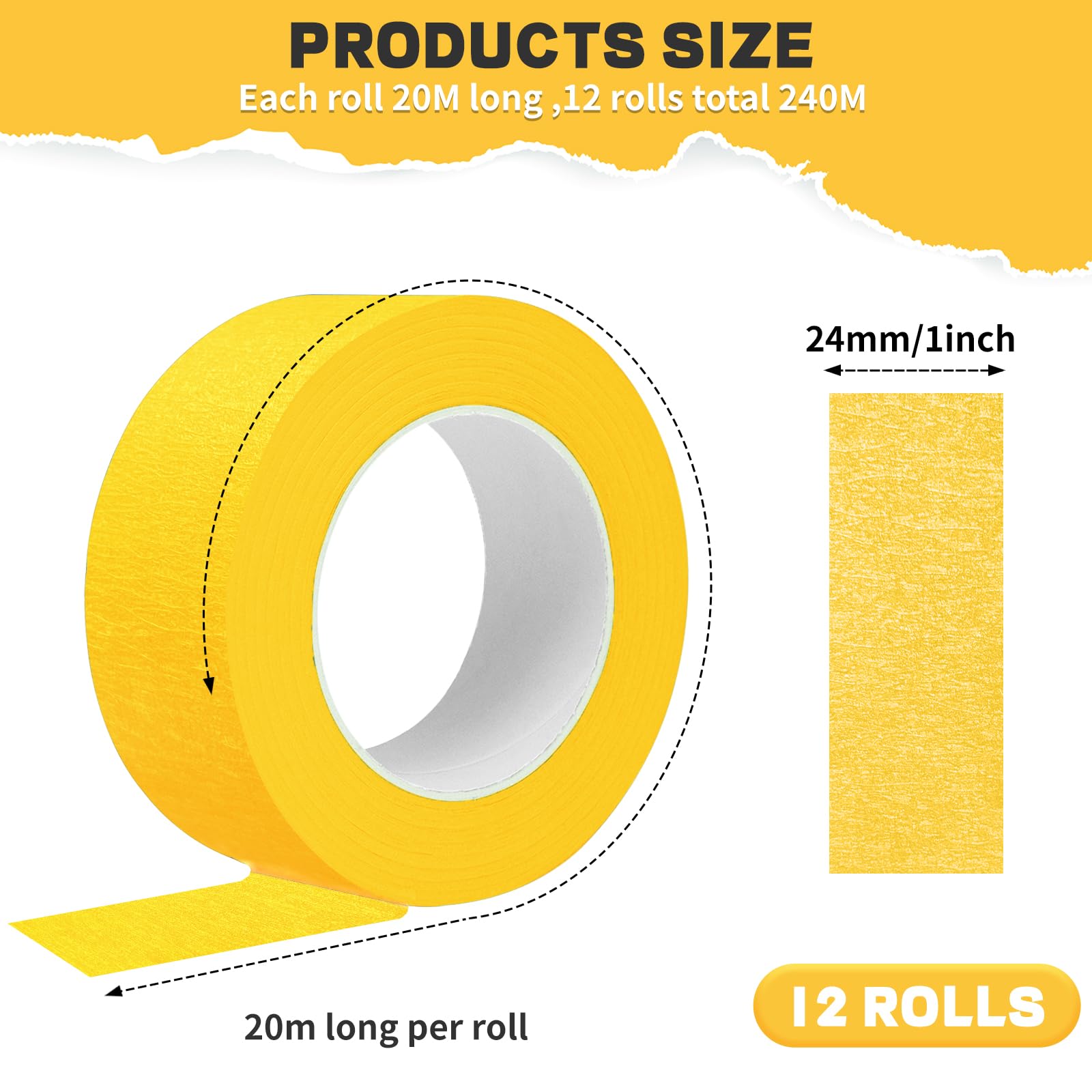 Hsxfl Premium Masking Tape for Painting 12 Rolls 24 mm x 20M Decorators Tape Multi Surface Painting Tape for Painting Artists Decorating (Yellow) - Image 2