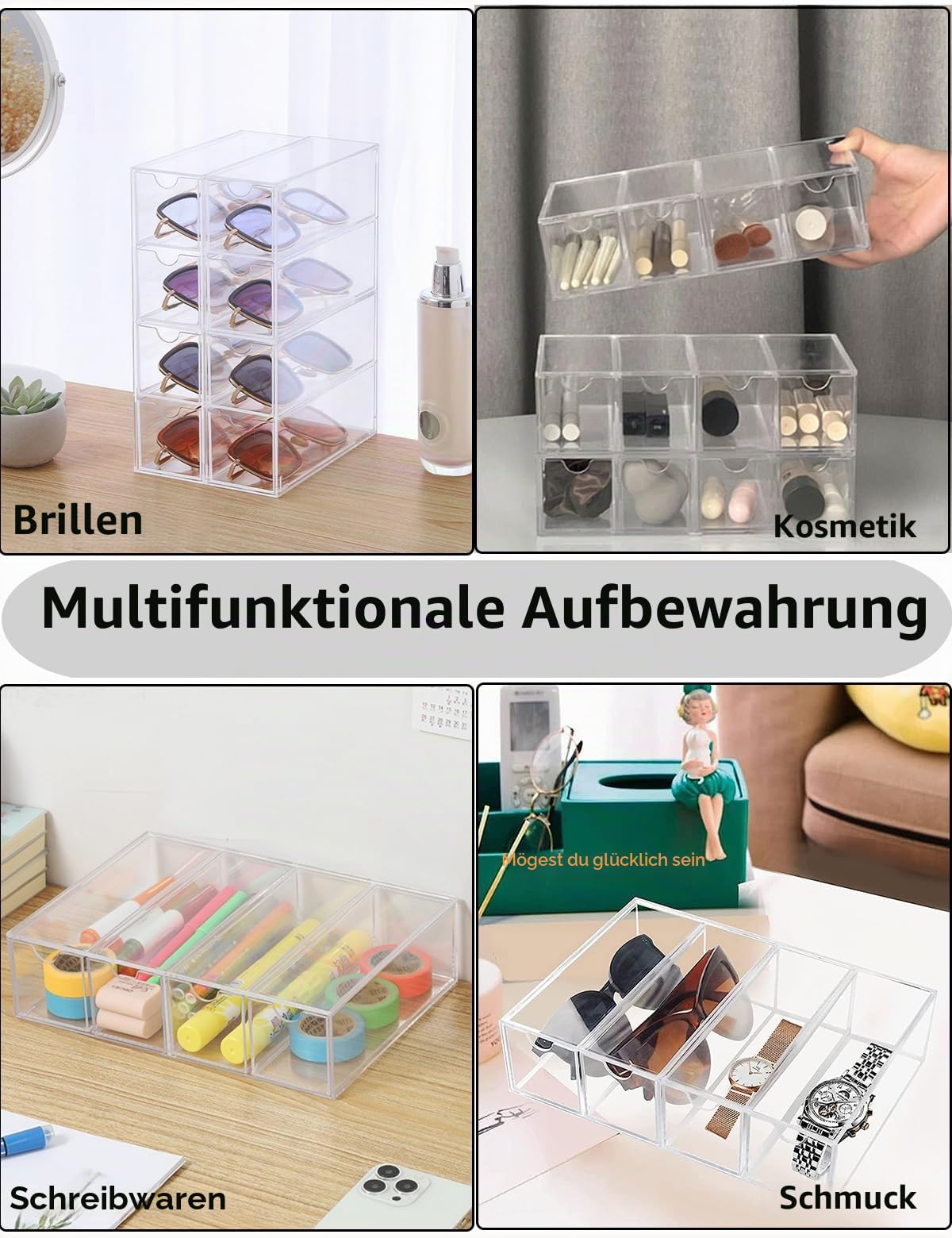 AOTOPYU Aufbewahrungsbox für Brillen mit 4 Schubladen, Acryl Brillen Organizer, Brillenaufbewahrung für Brillen, Sonnenbrillen und Lesebrillen transparent Kosmetik Organizer Küche, Haushalt & Wohnen