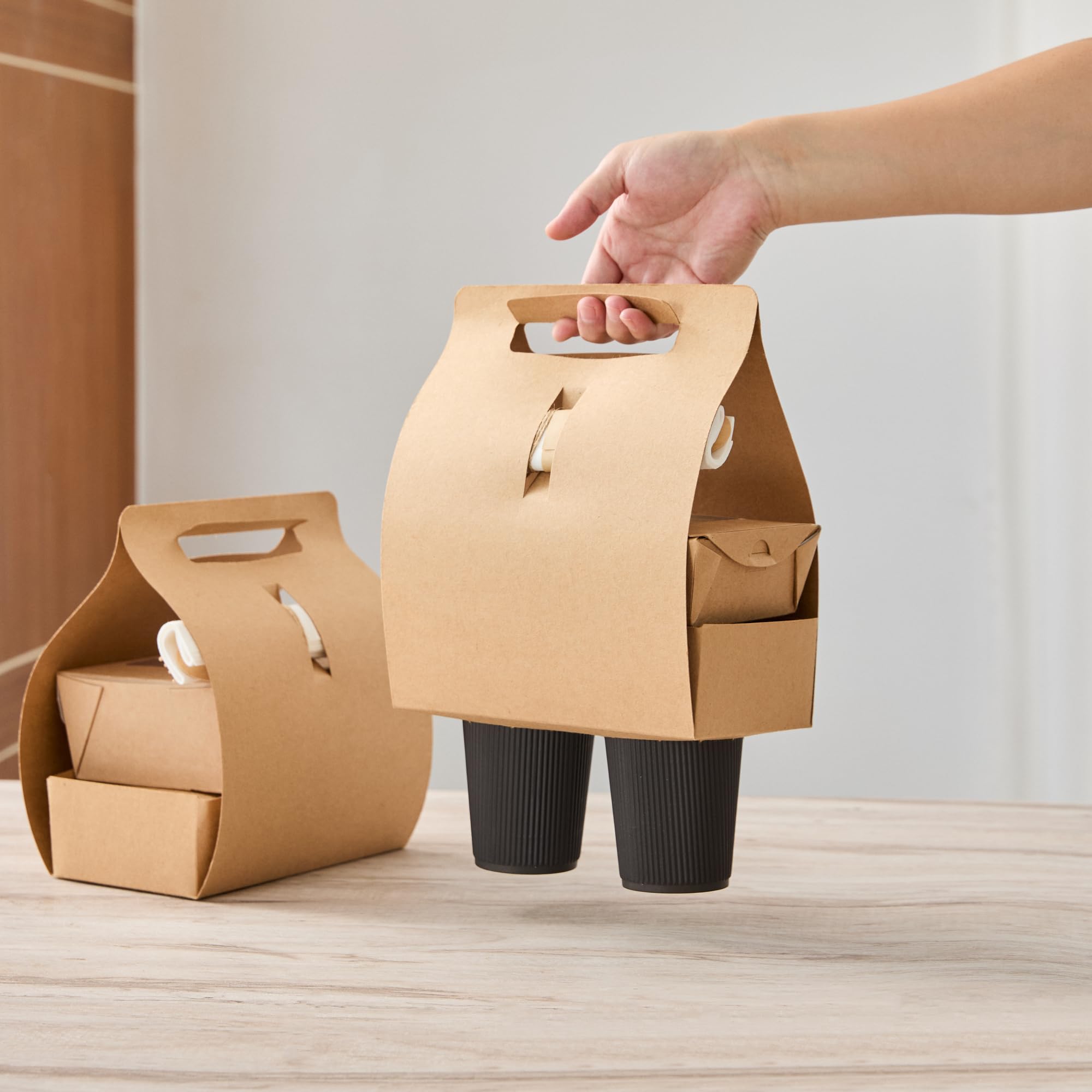 Restaurantware Bio Tek - Fiambreras de papel con asas, 100 recipientes desechables de papel kraft para alimentos, 21 x 10 x 20 cm, portavasos para utensilios de cocina, portadores de bebidas para