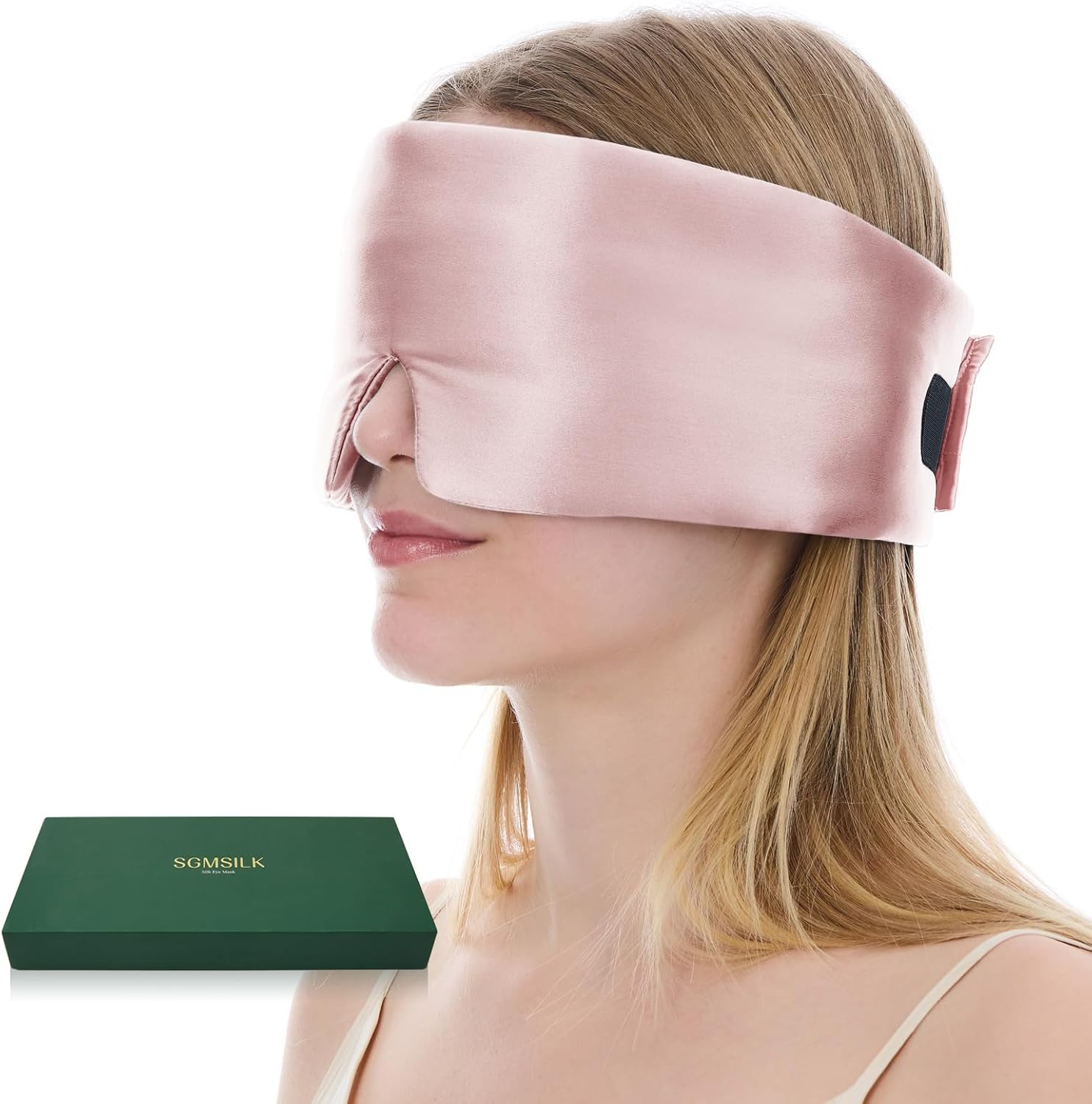 SGMSILK 100% Mulberry Silk Sleep Mask, Large Size Travel Eye Masks for Side Sleepers, Adjustable Sleeping Mask for Women and Men, 100% Blackout Eye Mask for Sleeping Soft Pink