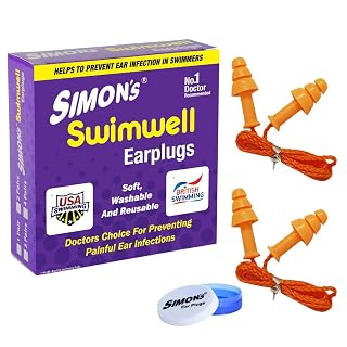 Simon's Swimwell reusable silicon swimming earplugs, waterproof earplus for swim, surfing, bathing, Sports, noise blocking, sound blocking earplugs for adults, men, women & kids - Pack of 2