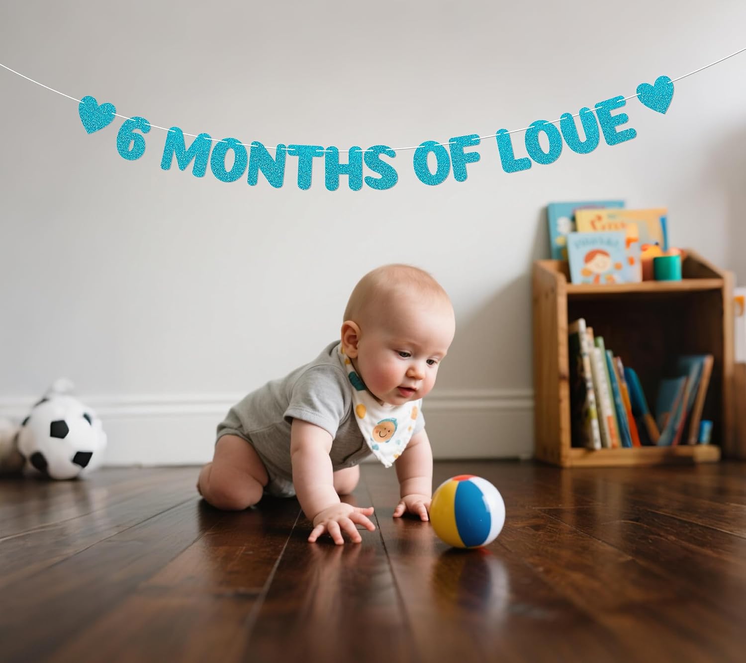 6 Months of Love Glitter Banner, With Adhesive Hooks,Half Way to One Banner, Happy 6 Month, Half Birthday Decorations, 1/2 Birthday Baby Shower Party, 6 Months Love Anniversary Decor(Pre-Strung) (Blue) image 5