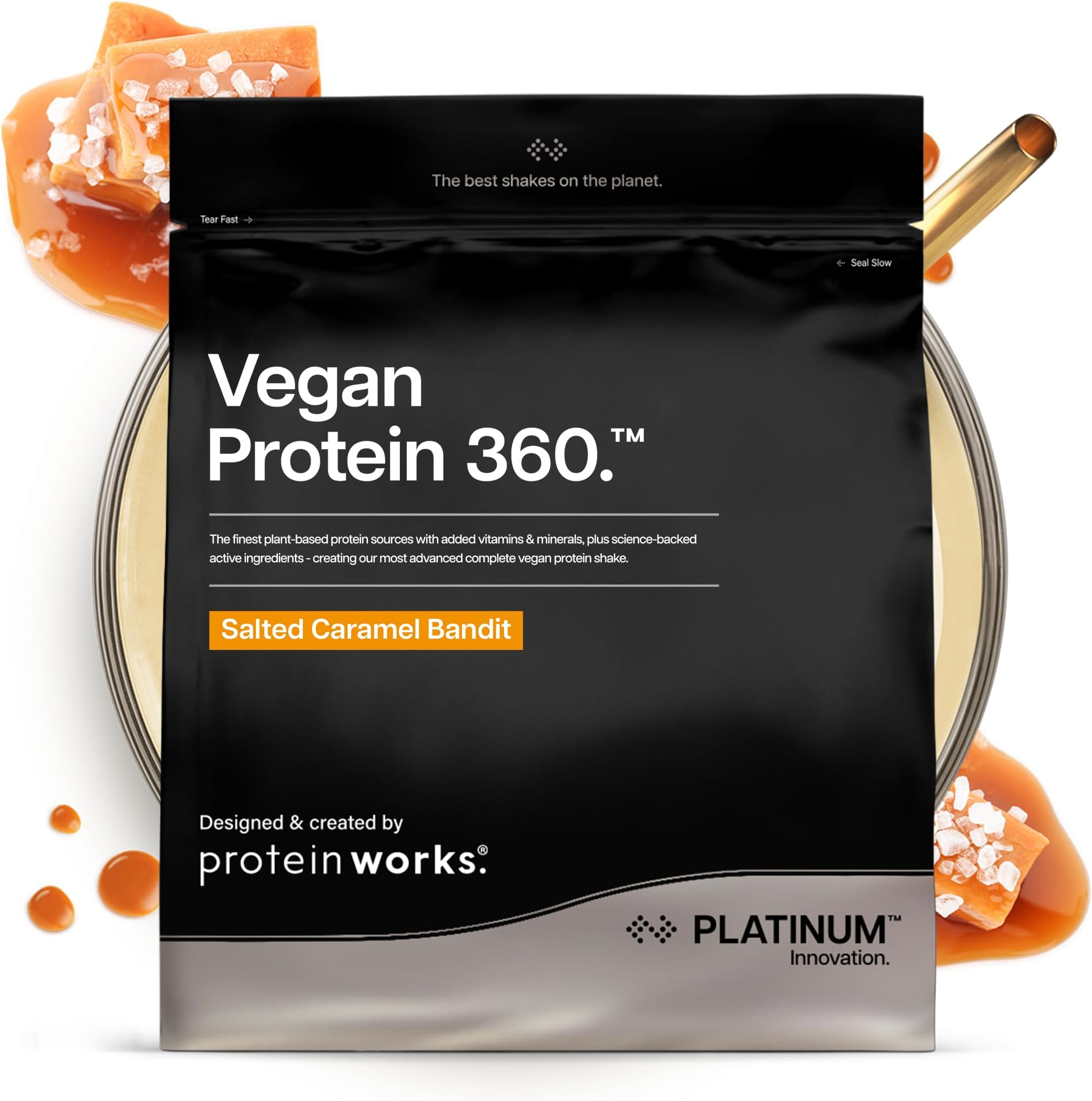 Protein Works | Vegan Protein 360 - Platinum Innovation, Premium Vegan Protein Powder, Plant-Based Protein Shake, Essential Vitamins & Minerals, Low Sugar, Salted Caramel Bandit, 28 Servings, 1kg
