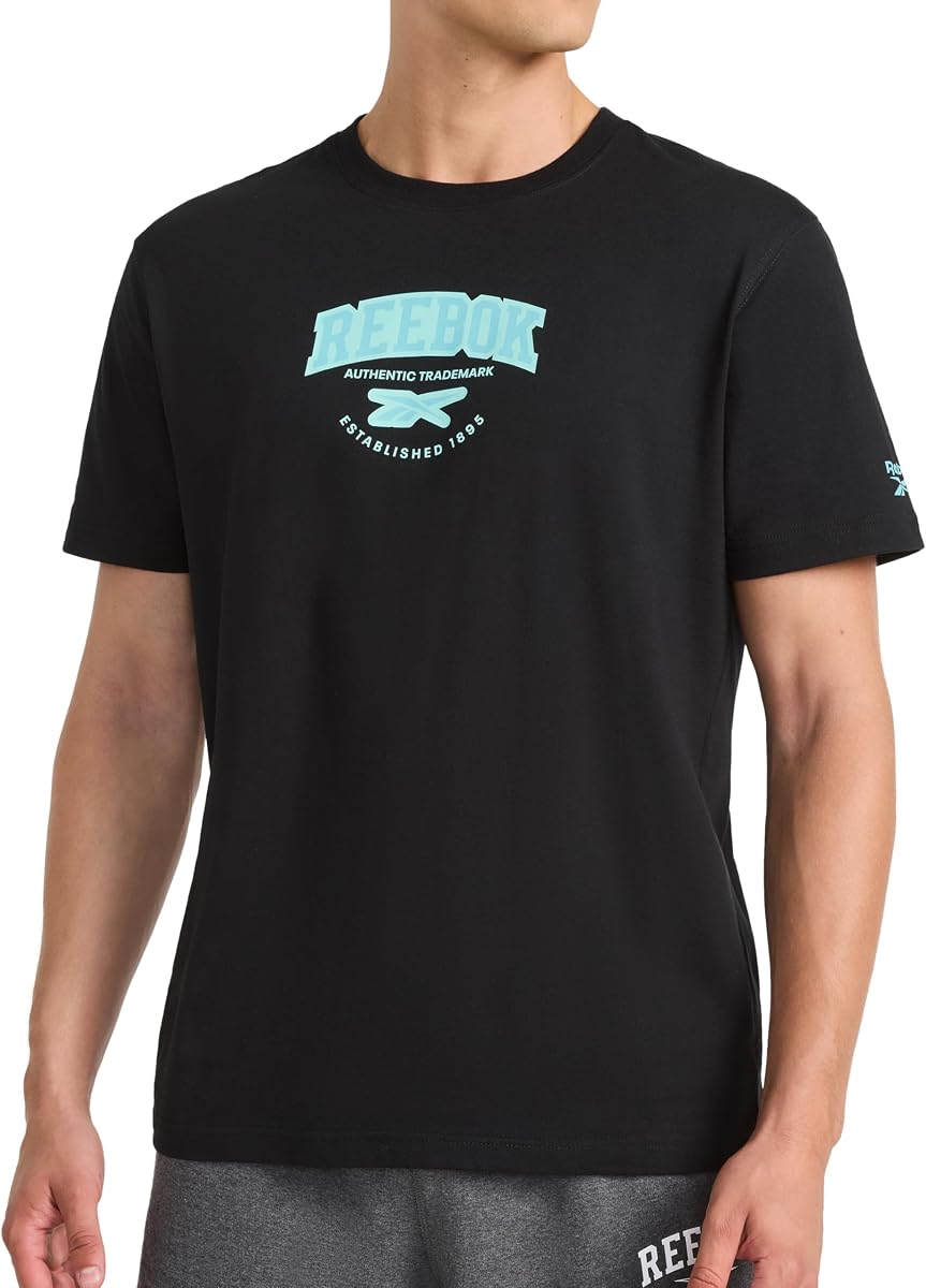 Reebok Camiseta de manga corta con cuello redondo para hombre, ajuste estándar, tejido ligero de algodón y poliéster