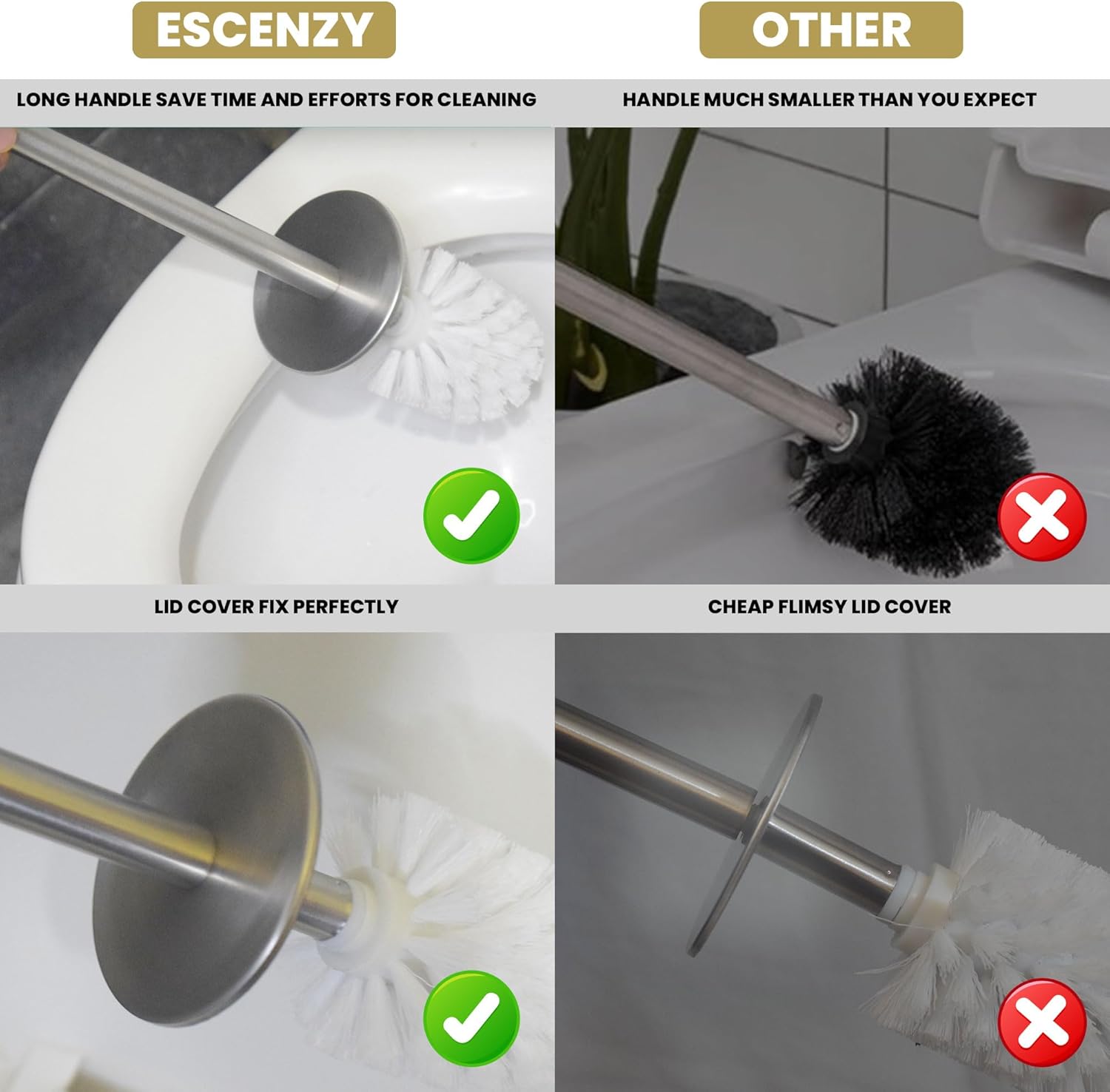Escenzy Modern Toilet Brush and Holder Set Mosaic Glass | Non-Rustic Stainless Steel | Practical & Decorative Toilet Bowl Brush and Holder | Luxury Black Gold & Mermaid Bathroom Accessories