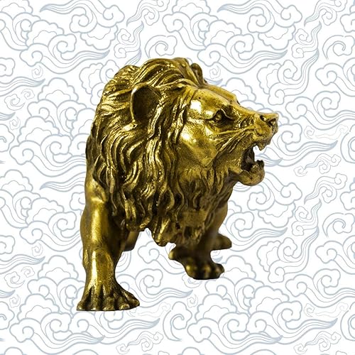 Vista 5 de Figura de león salvaje africano, estatua de león dorado para decoración del hogar, escritorio, animales, adorno hecho a mano, arte de latón