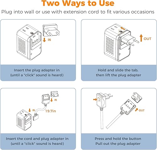 Miniatura 9 de TESSAN Convertidor de voltaje de 220 a 110 de EE. UU. a Europa, adaptador de corriente de viaje internacional con 4 puertos USB (2 USB C), 2