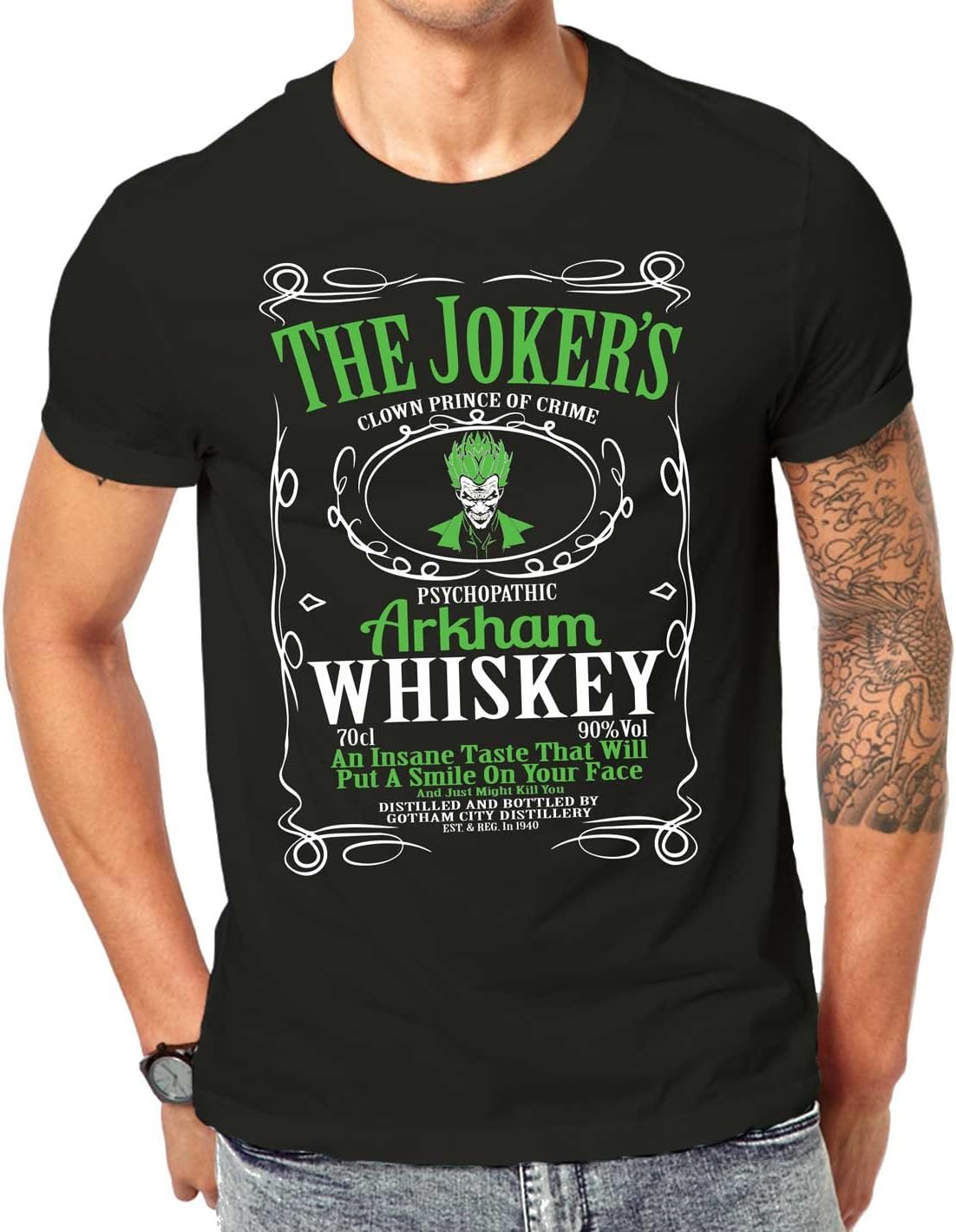 Joker Whiskey Batman T-Shirt Black Screen Printed Design